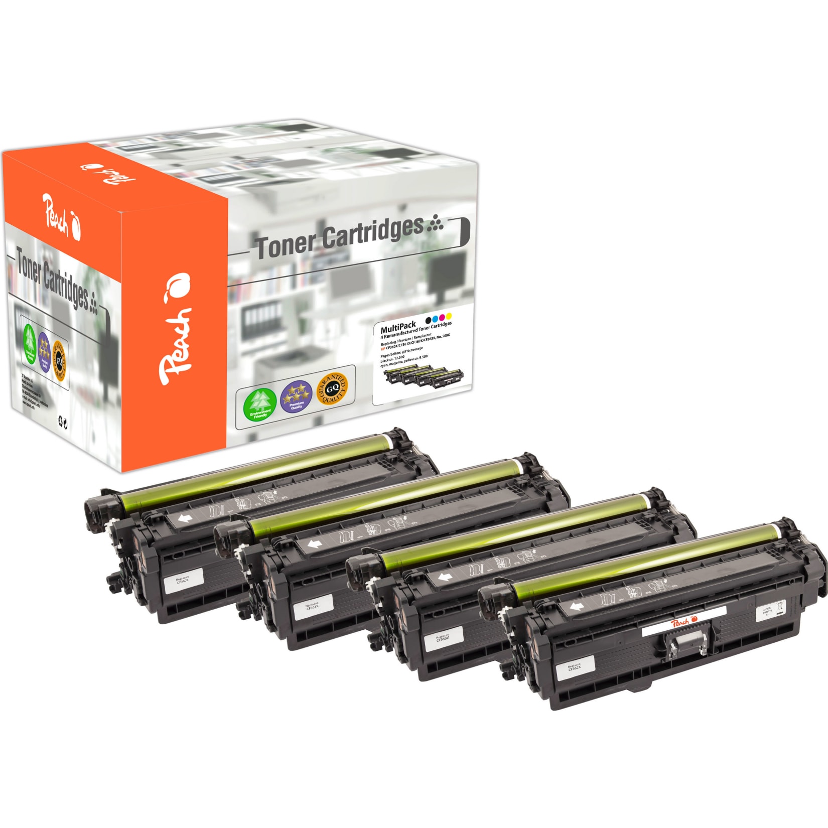 Peach HP 508 X 4 Toner XL (bk, c/m/y) ersetzt HP No. 508X, CF360X, CF361X, CF362X, CF363X f&uuml;r z.B. HP Color LaserJet Managed Flow MFP E 57540 dn (wiederaufbereitet) - Bild 1