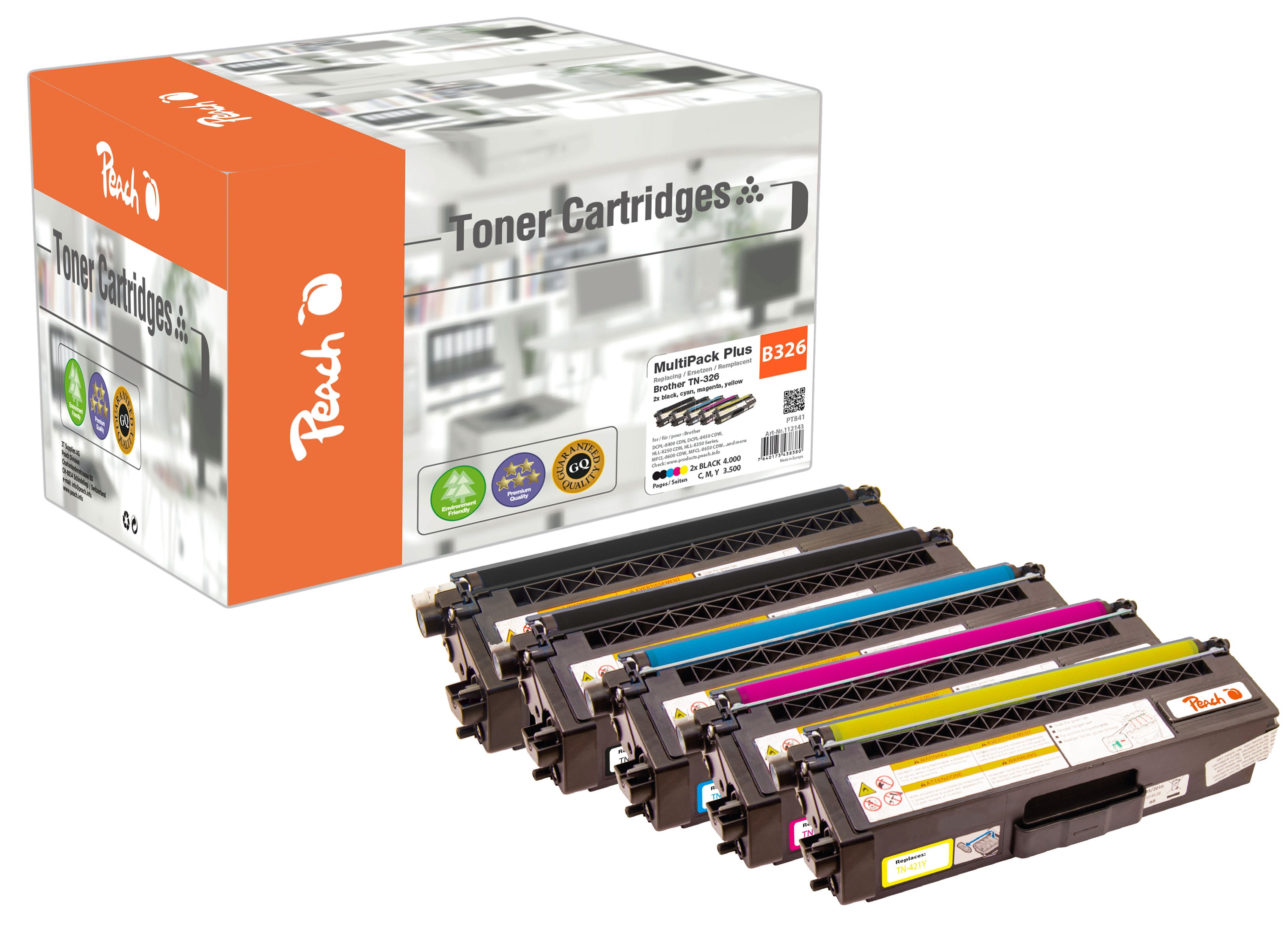 Peach B326  5 Toner XL (2*bk, c/m/y) ersetzt Brother TN-326 f&uuml;r z.B. Brother MFCL 8650 CDW, Brother DCPL 8400 CDN, Brother DCPL 8450 CDW (wiederaufbereitet) - Bild 1