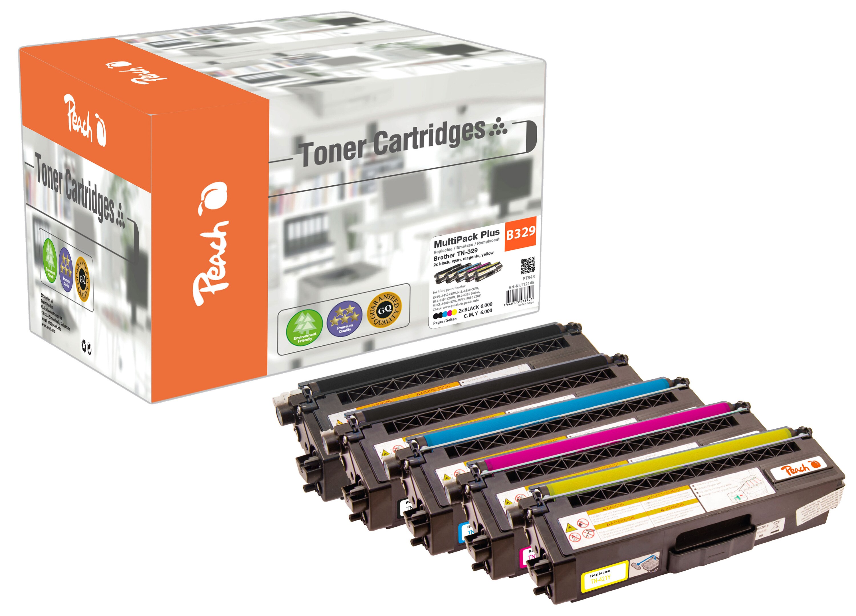 Peach B329  5 Toner XL (2*bk, c/m/y) ersetzt Brother TN-329 f&uuml;r z.B. Brother DCPL 8450 CDW, Brother HLL 8350 CDW, Brother HLL 8350 CDWT (wiederaufbereitet) - Bild 1