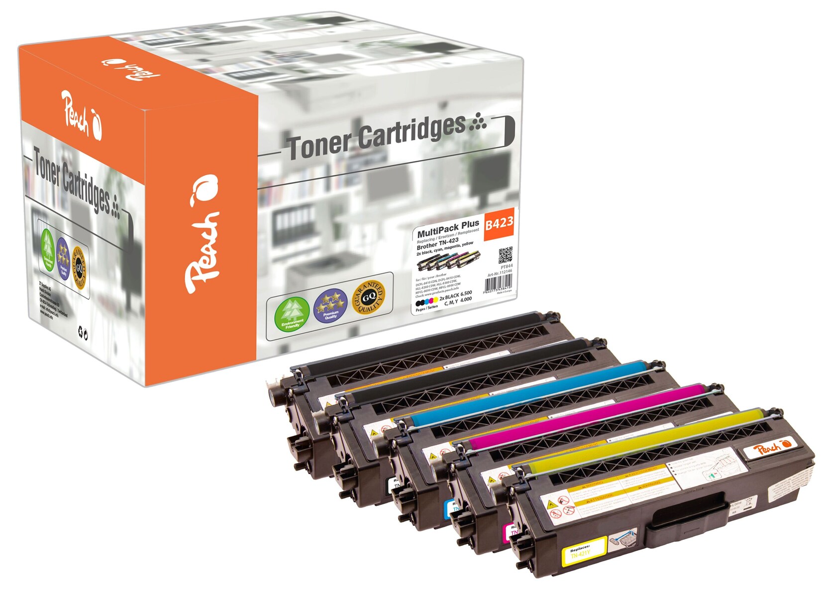 Peach B423 5 Toner XL (2*bk, c/m/y) ersetzt Brother TN-423 für z.B. Brother DCPL 8410 CDW, Brother MFCL 8690 CDW, Brother DCPL 8410 CDN (wiederaufbereitet)