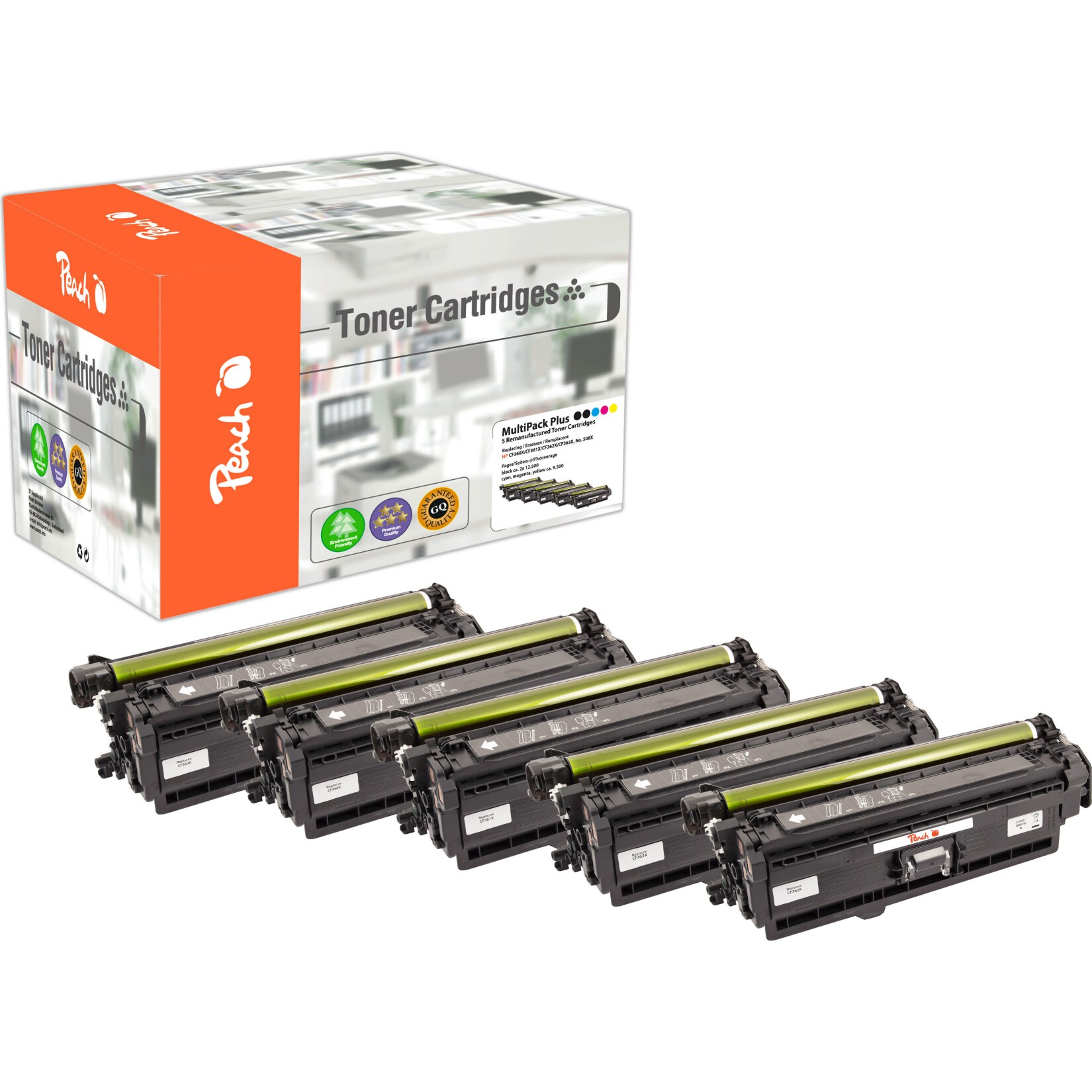 Peach HP 508 X 5 Toner XL (2*bk, c/m/y) ersetzt HP No. 508X, CF360X*2, CF361X, CF362X, CF363X f&uuml;r z.B. HP Color LaserJet Enterprise M 553 (wiederaufbereitet) - Bild 1