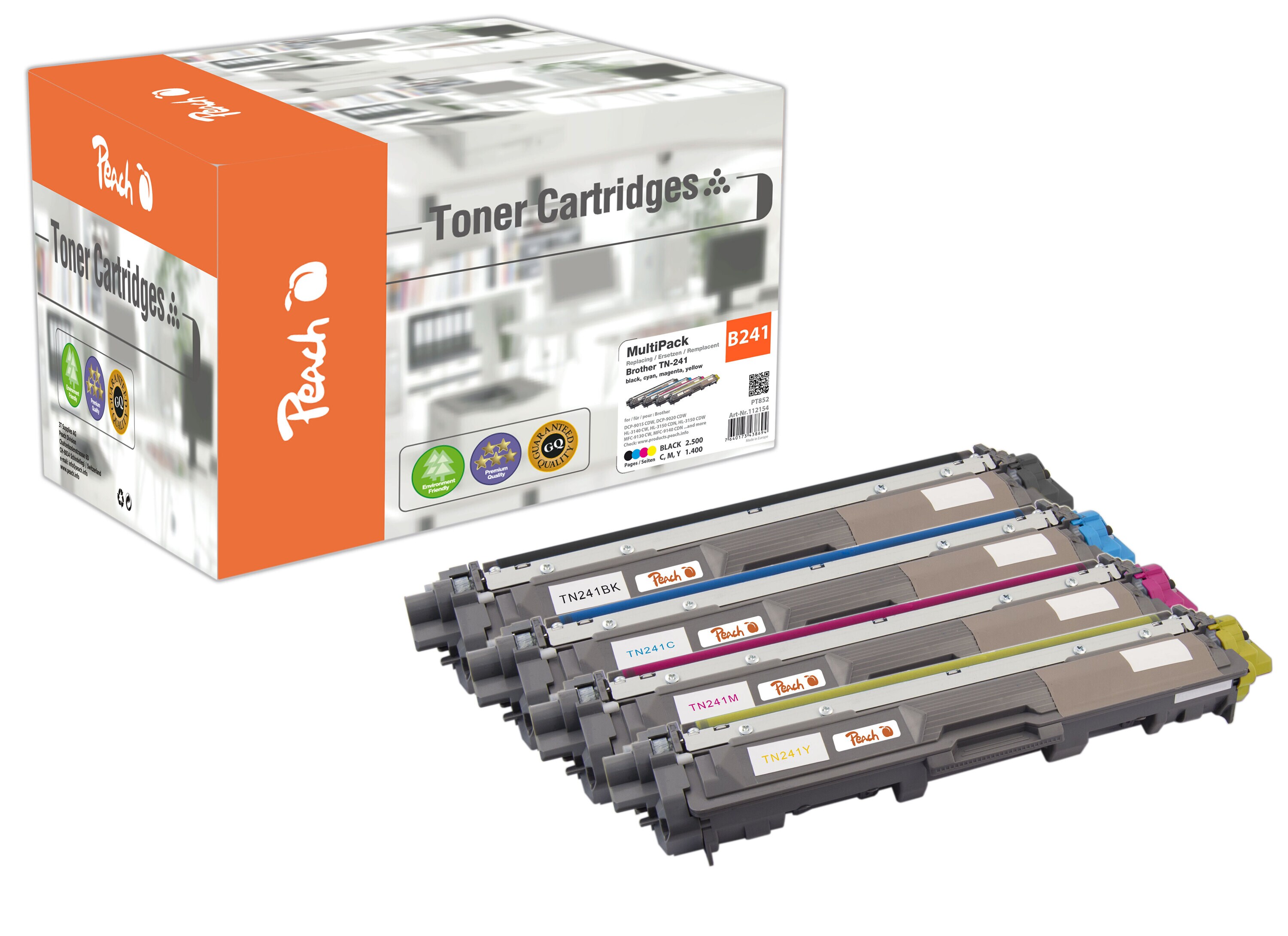Peach B241  4 Toner (bk, c/m/y) ersetzt Brother TN-241 f&uuml;r z.B. Brother DCP -9020 CDW, Brother HL -3140 CW, Brother HL -3150 CDN (wiederaufbereitet) - Bild 1