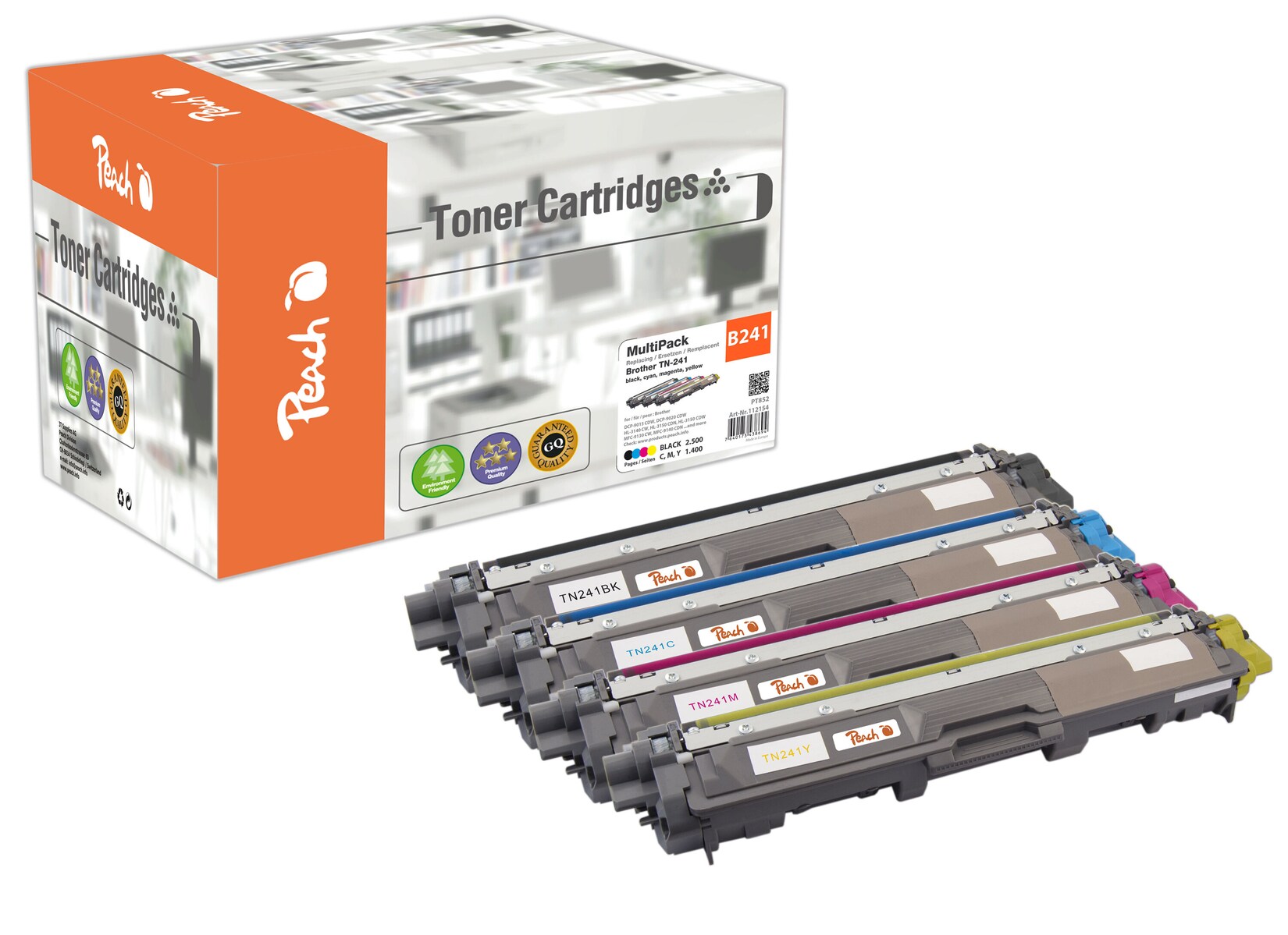 Peach B241 4 Toner (bk, c/m/y) ersetzt Brother TN-241 für z.B. Brother DCP -9020 CDW, Brother HL -3140 CW, Brother HL -3150 CDN (wiederaufbereitet)