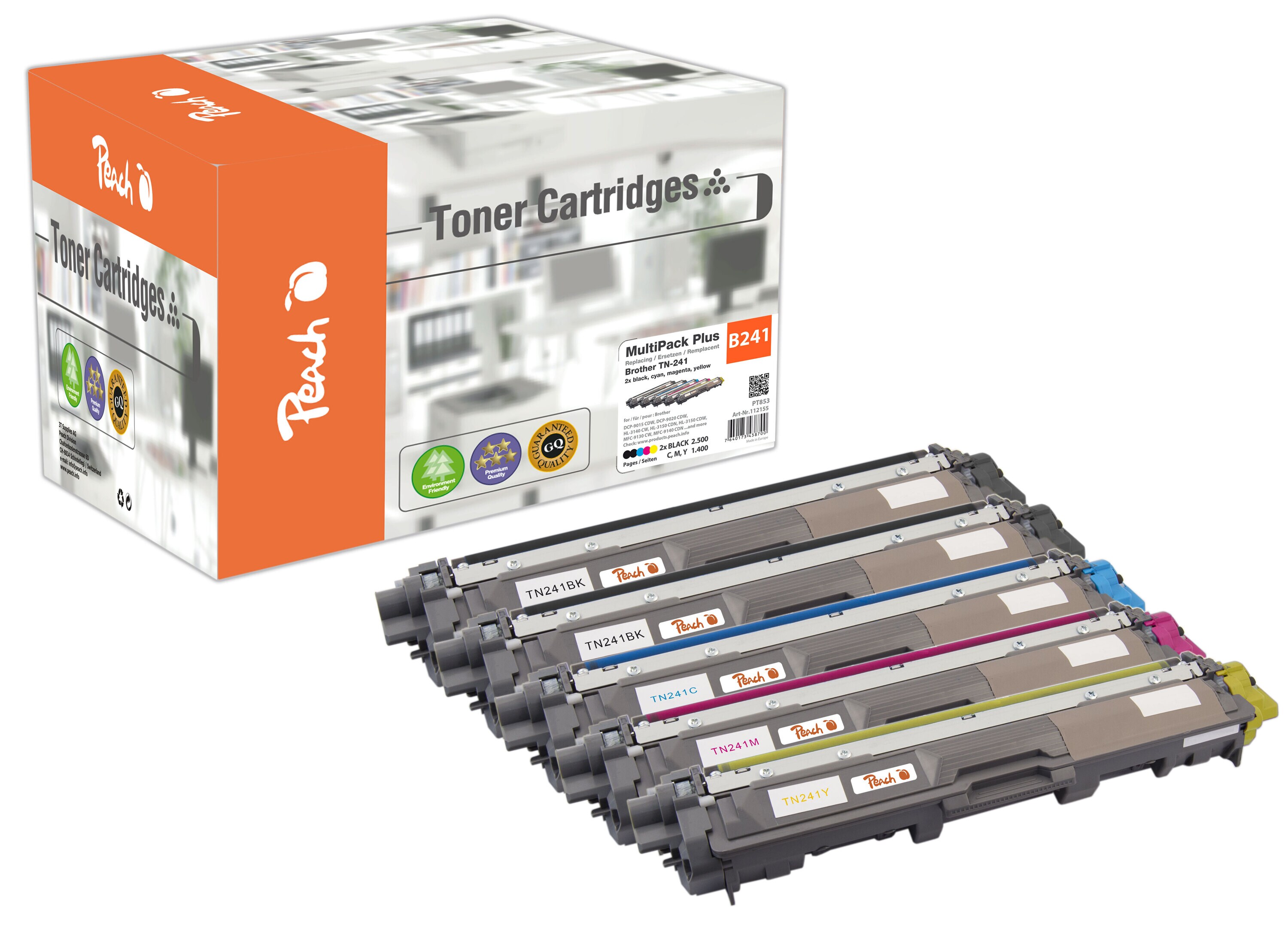 Peach B241  5 Toner (2*bk, c/m/y) ersetzt Brother TN-241 f&uuml;r z.B. Brother DCP -9020 CDW, Brother HL -3140 CW, Brother HL -3150 CDN (wiederaufbereitet) - Bild 1