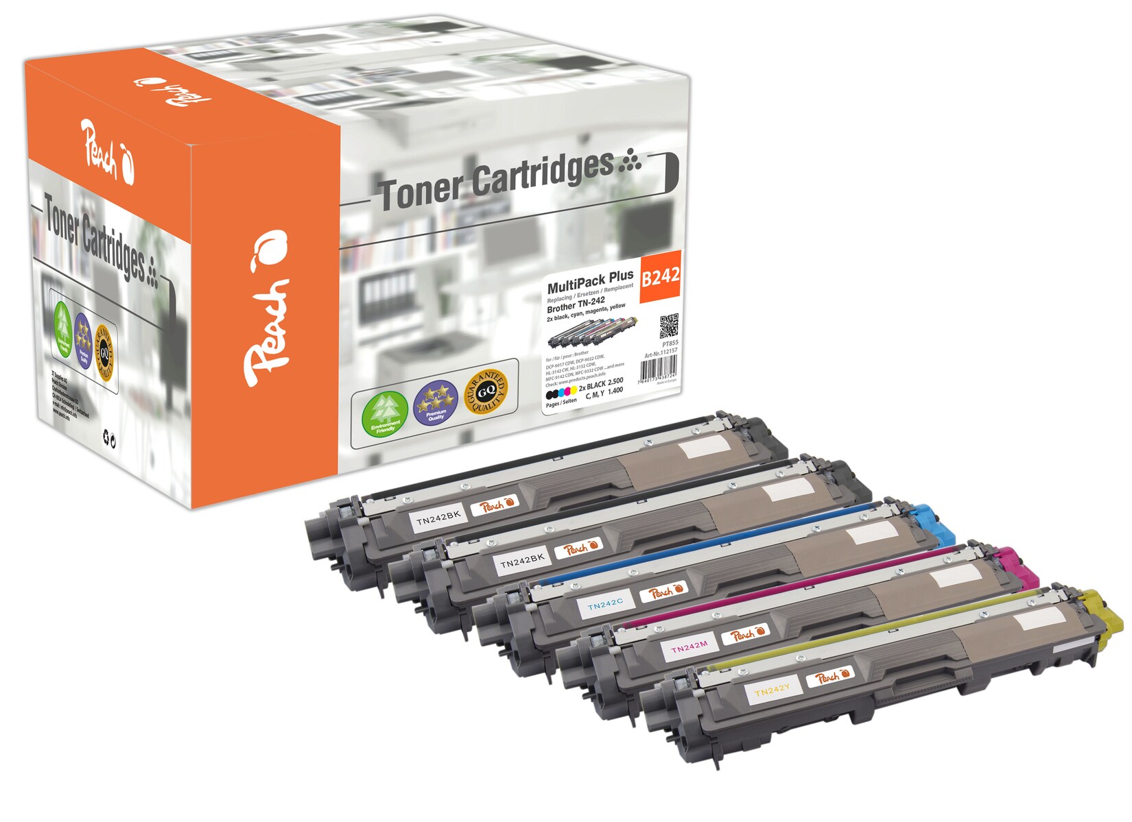 Peach B242 5 Toner (2*bk, c/m/y) ersetzt Brother TN-242 für z.B. Brother DCP -9022 CDW, Brother HL -3142 CW, Brother HL -3152 CDW (wiederaufbereitet)