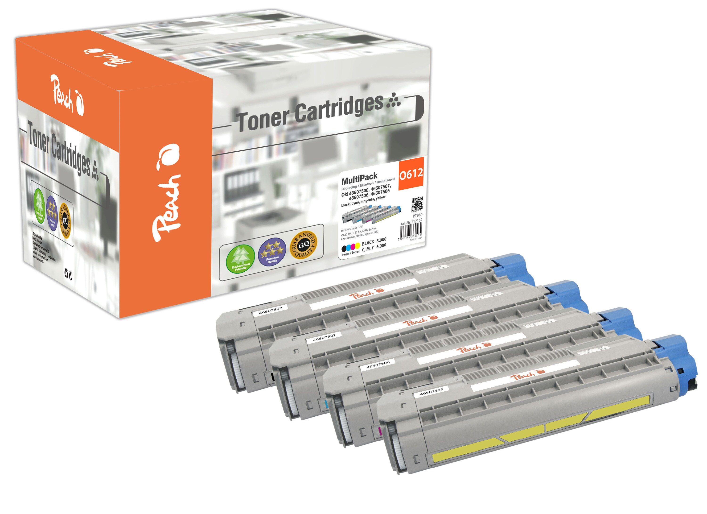 Peach O4650-75 4 Toner (bk, c/m/y) ersetzt OKI 46507508, 46507507, 46507506, 46507505 f&uuml;r z.B. OKI C 612 DN, OKI C 612 N, OKI C 612 (wiederaufbereitet) - Bild 1