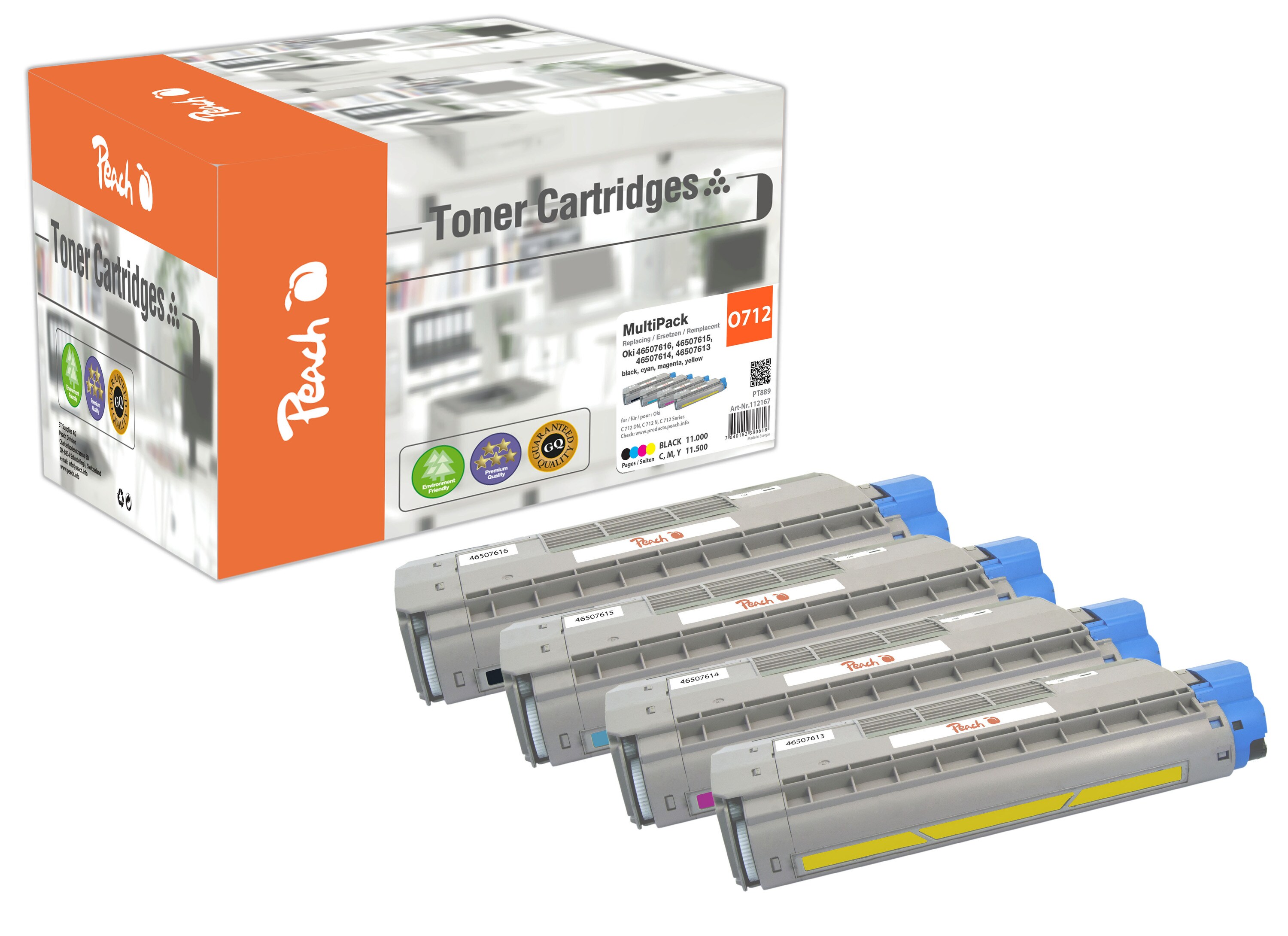 Peach O4650-76 4 Toner (bk, c/m/y) ersetzt OKI 46507616, 46507615, 46507614, 46507613 f&uuml;r z.B. OKI C 712 DN, OKI C 712 N, OKI C 712 (wiederaufbereitet) - Bild 1