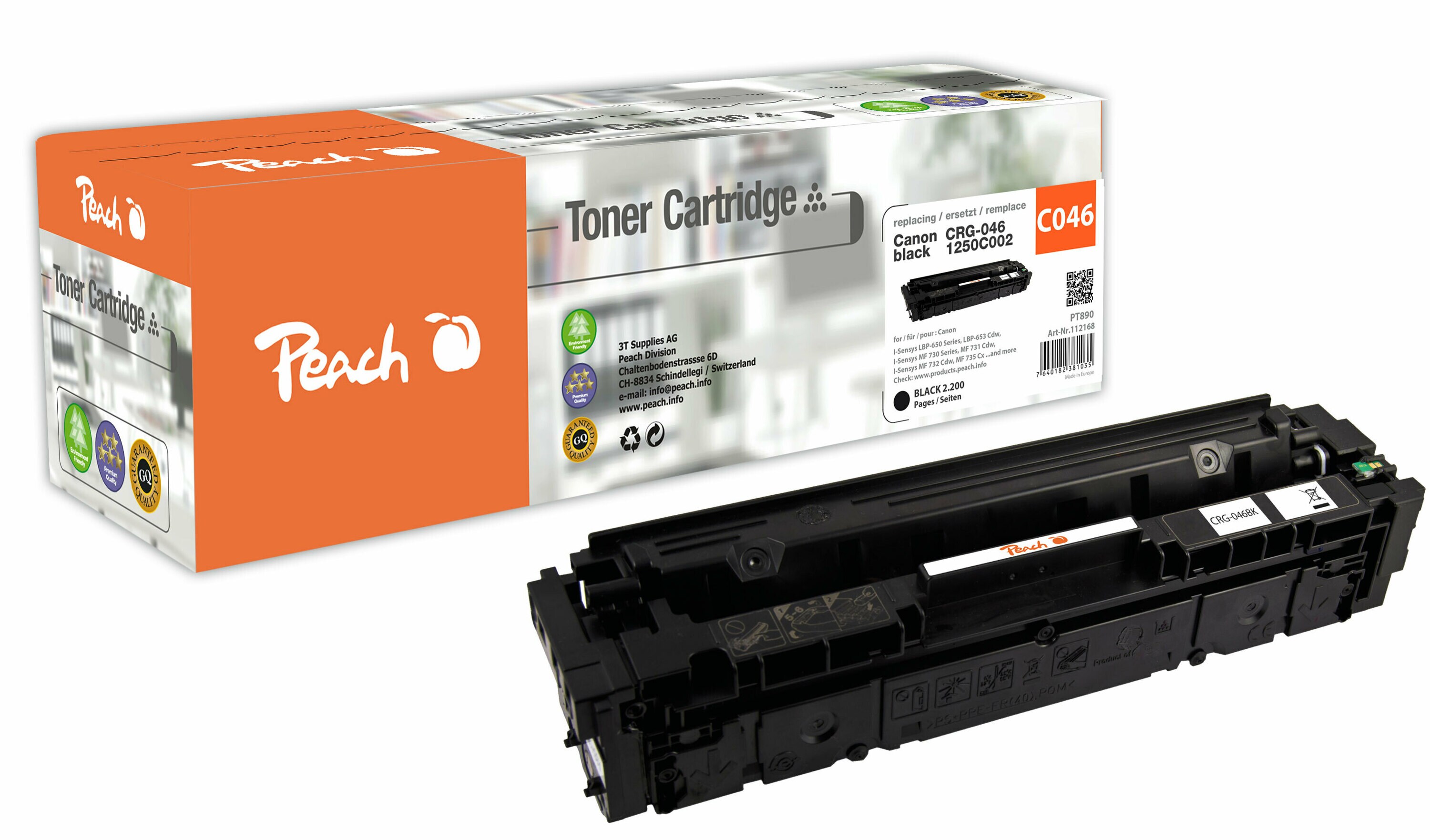 Peach HP 046 bk Toner bk ersetzt Canon CRG-046 bk, 1250C002 f&uuml;r z.B. Canon ISensys MF 732 Cdw, Canon ISensys LBP -650, Canon ISensys LBP -653 Cdw (wiederaufbereitet) - Bild 1