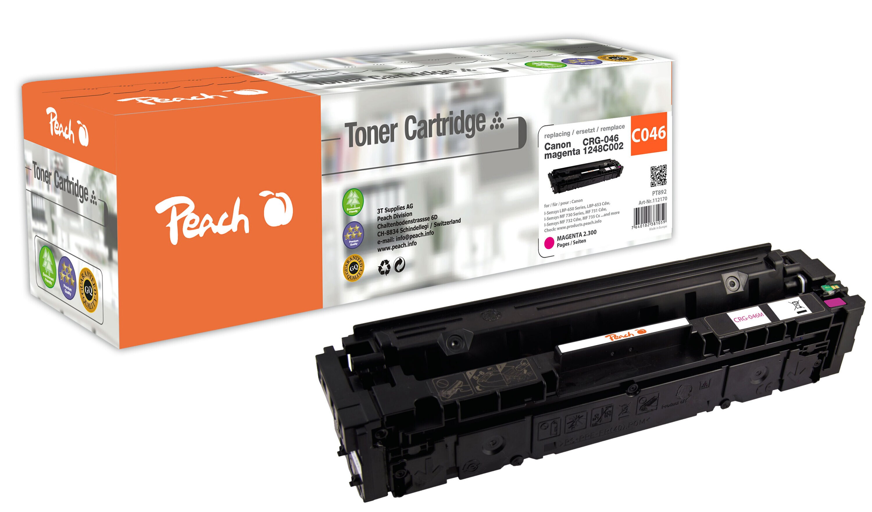 Peach HP 046 m Toner ma ersetzt Canon CRG-046 m, 1248C002 f&uuml;r z.B. Canon ISensys LBP -650, Canon ISensys LBP -653 Cdw, Canon ISensys LBP -654 Cdw (wiederaufbereitet) - Bild 1