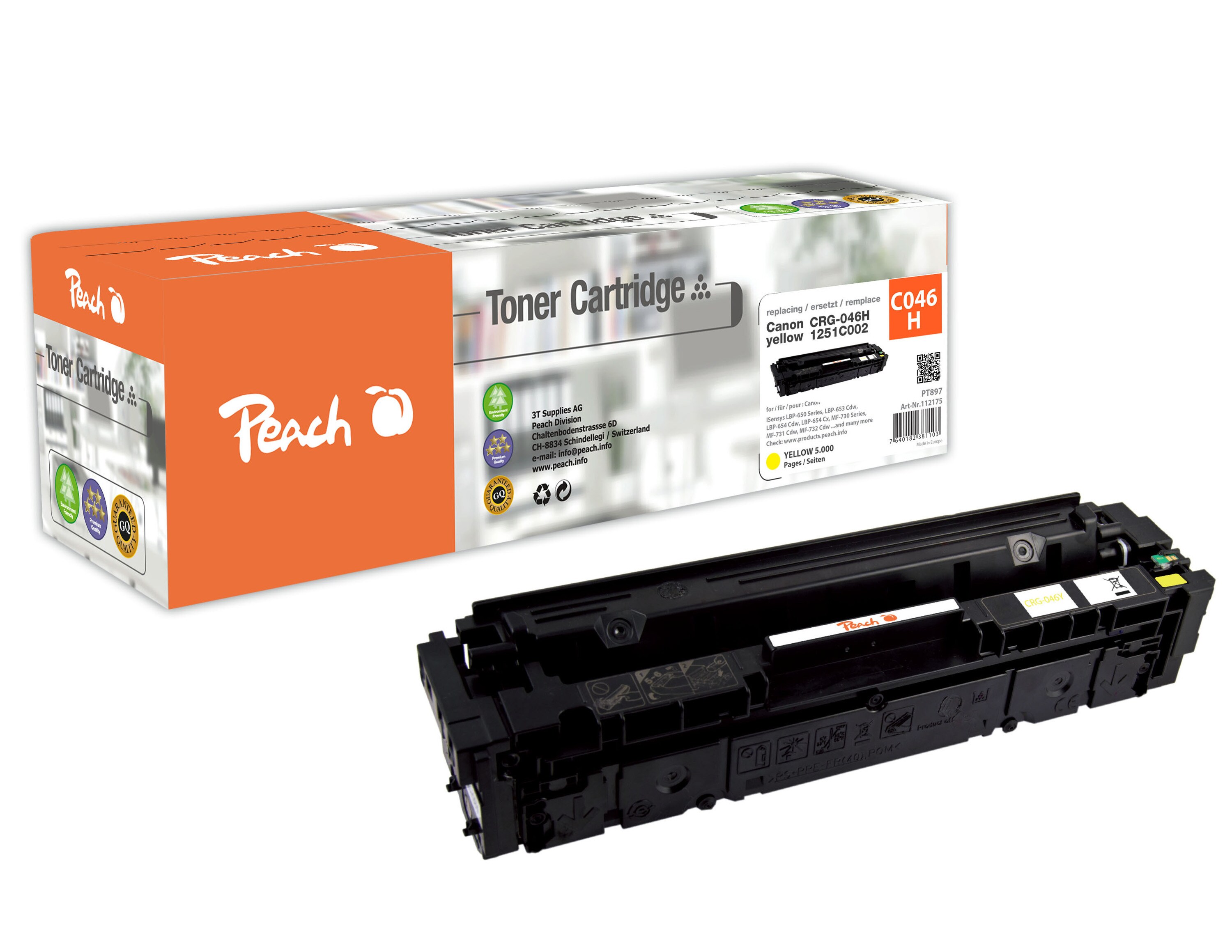 Peach HP 046 Hy Toner XL ye ersetzt Canon CRG-046H y, 1251C002 f&uuml;r z.B. Canon ISensys MF 732 Cdw, Canon ISensys LBP -650, Canon ISensys LBP -654 Cx (wiederaufbereitet) - Bild 1