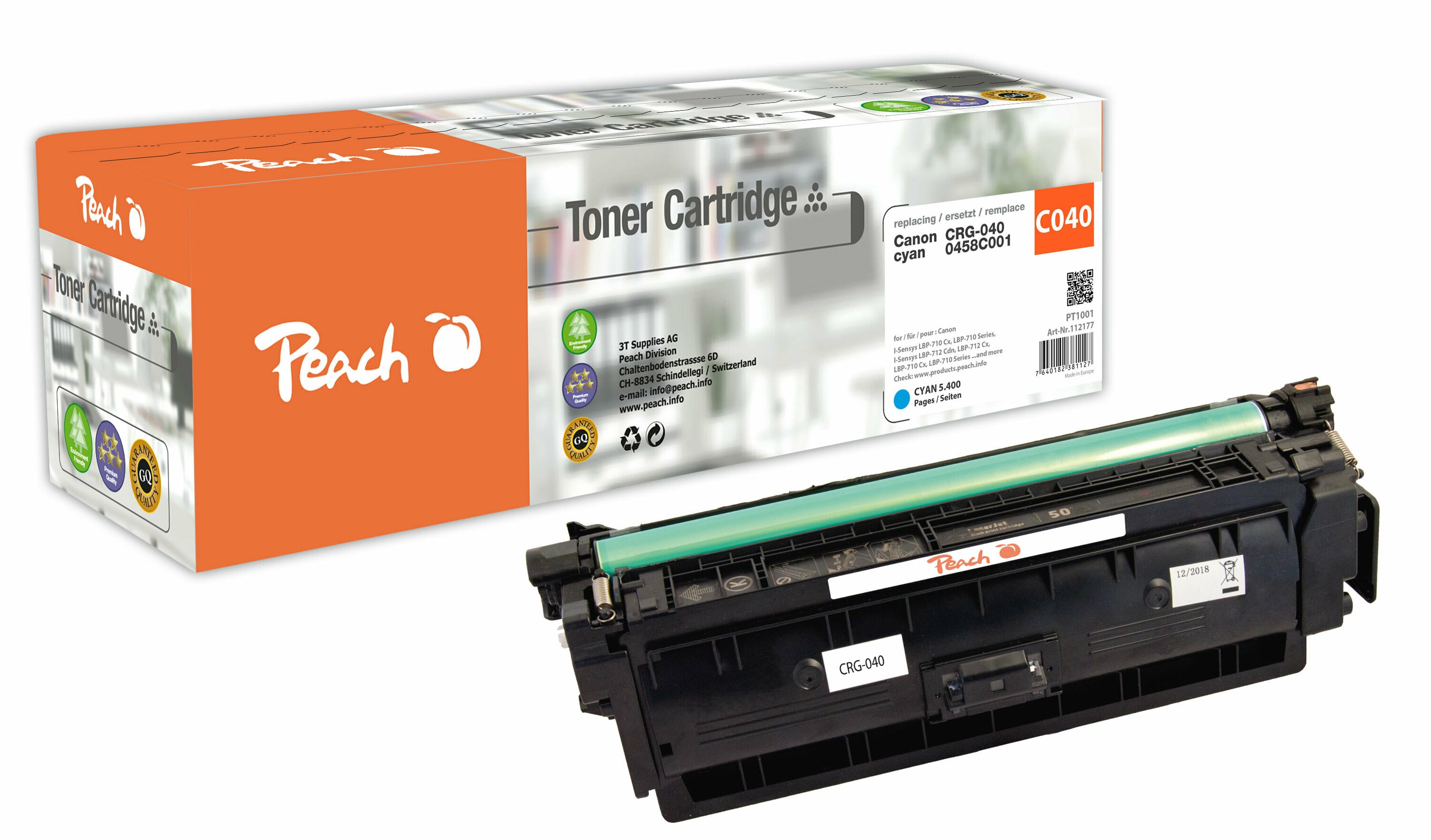 Peach HP 040 c Toner cy ersetzt Canon CRG-040 c, 0458C001 f&uuml;r z.B. Canon ISensys LBP -710 Cx, Canon ISensys LBP -710, Canon ISensys LBP -712 Cdn (wiederaufbereitet) - Bild 1