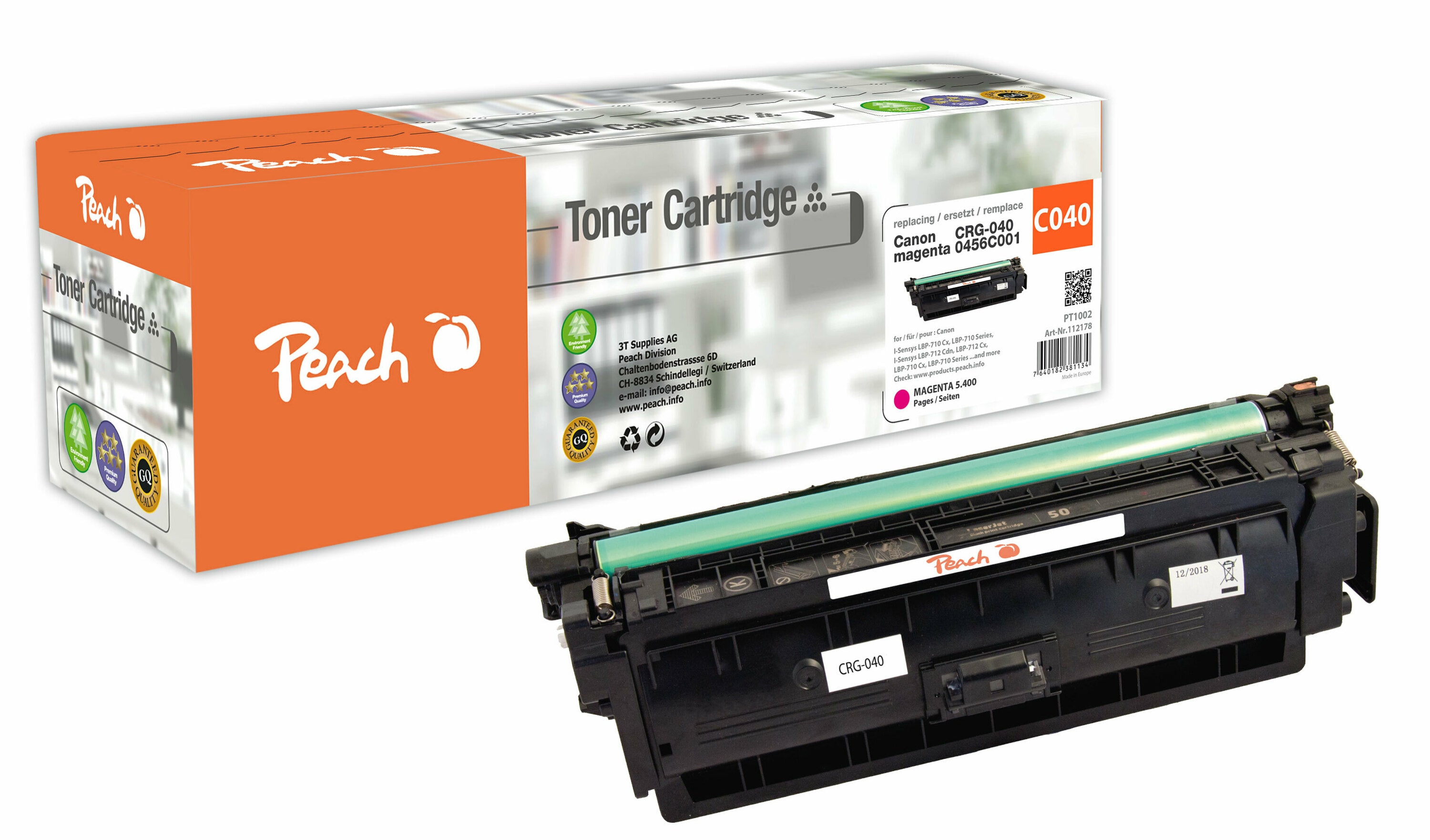 Peach HP 040 m Toner ma ersetzt Canon CRG-040 m, 0456C001 f&uuml;r z.B. Canon ISensys LBP -710 Cx, Canon ISensys LBP -710, Canon ISensys LBP -712 Cdn (wiederaufbereitet) - Bild 1