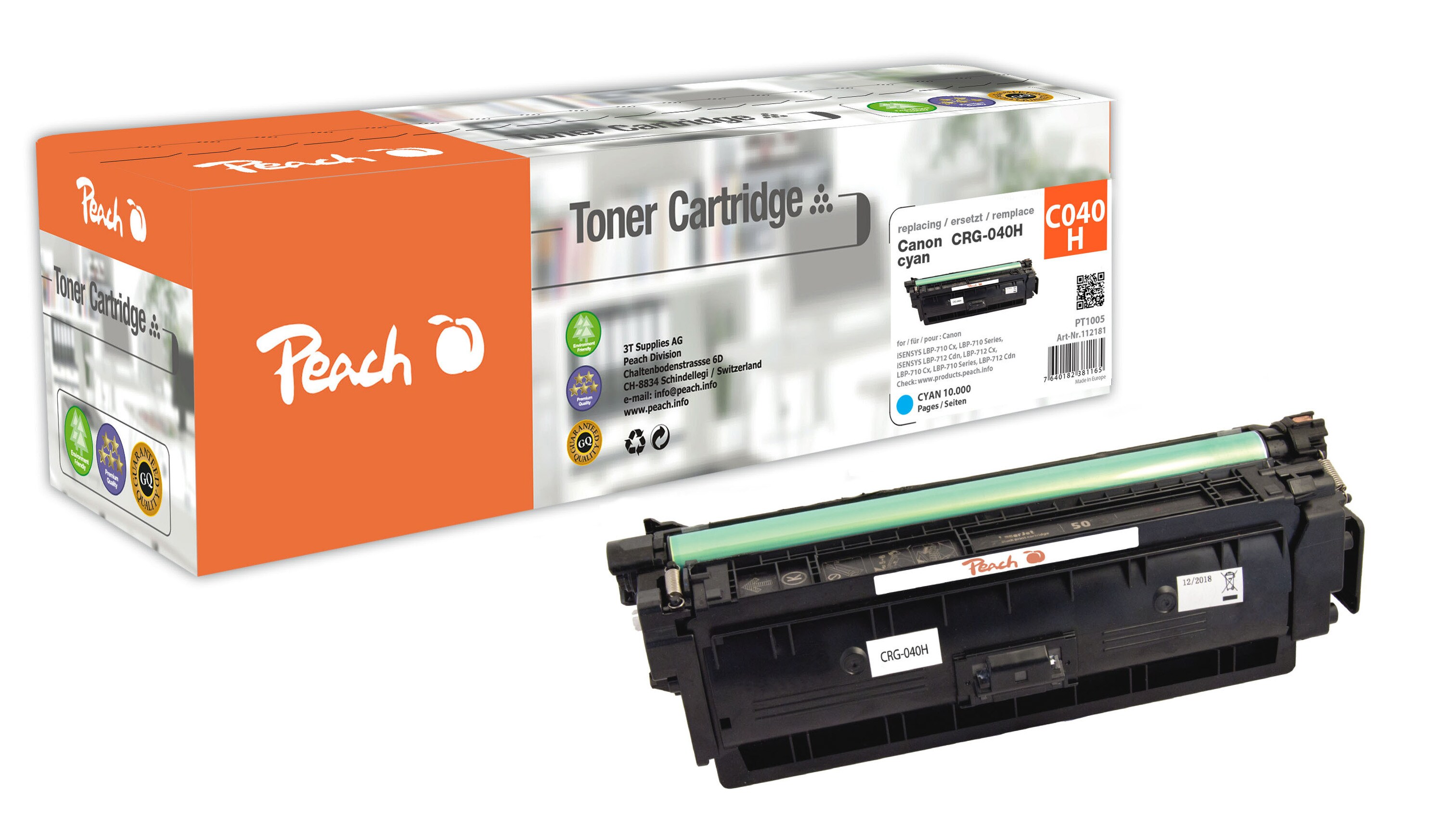 Peach HP 040 Hc Toner XL cy ersetzt Canon CRG-040H c, 0459C001 f&uuml;r z.B. Canon ISensys LBP -710 Cx, Canon ISensys LBP -710, Canon LBP -710 Cx (wiederaufbereitet) - Bild 1