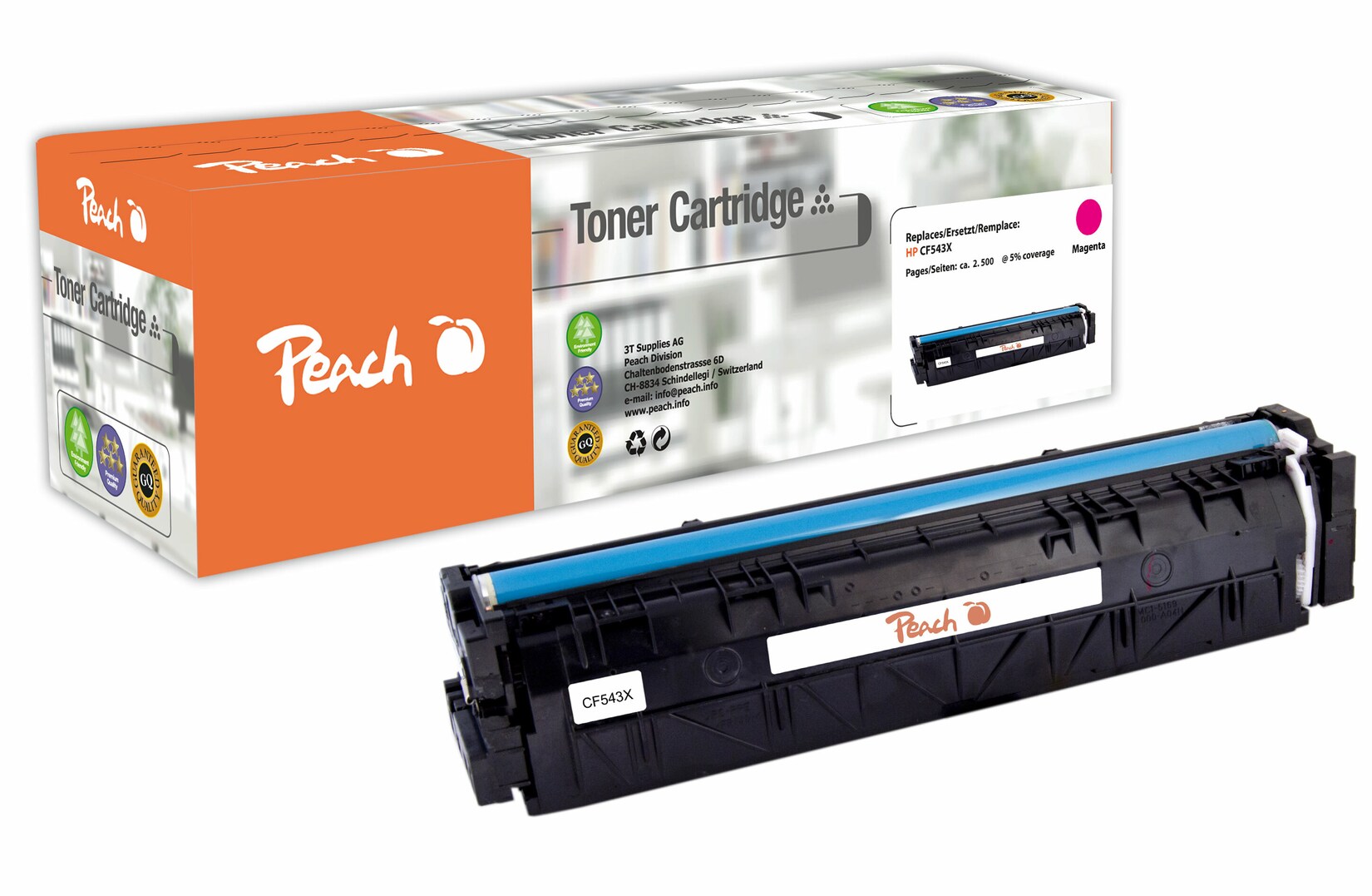 Peach HP 203 XM Toner XL ma ersetzt HP No. 203X M, CF543X für z.B. HP Color LaserJet Pro MFP M 281 fdw, HP Color LaserJet Pro M 254 dnw (wiederaufbereitet)