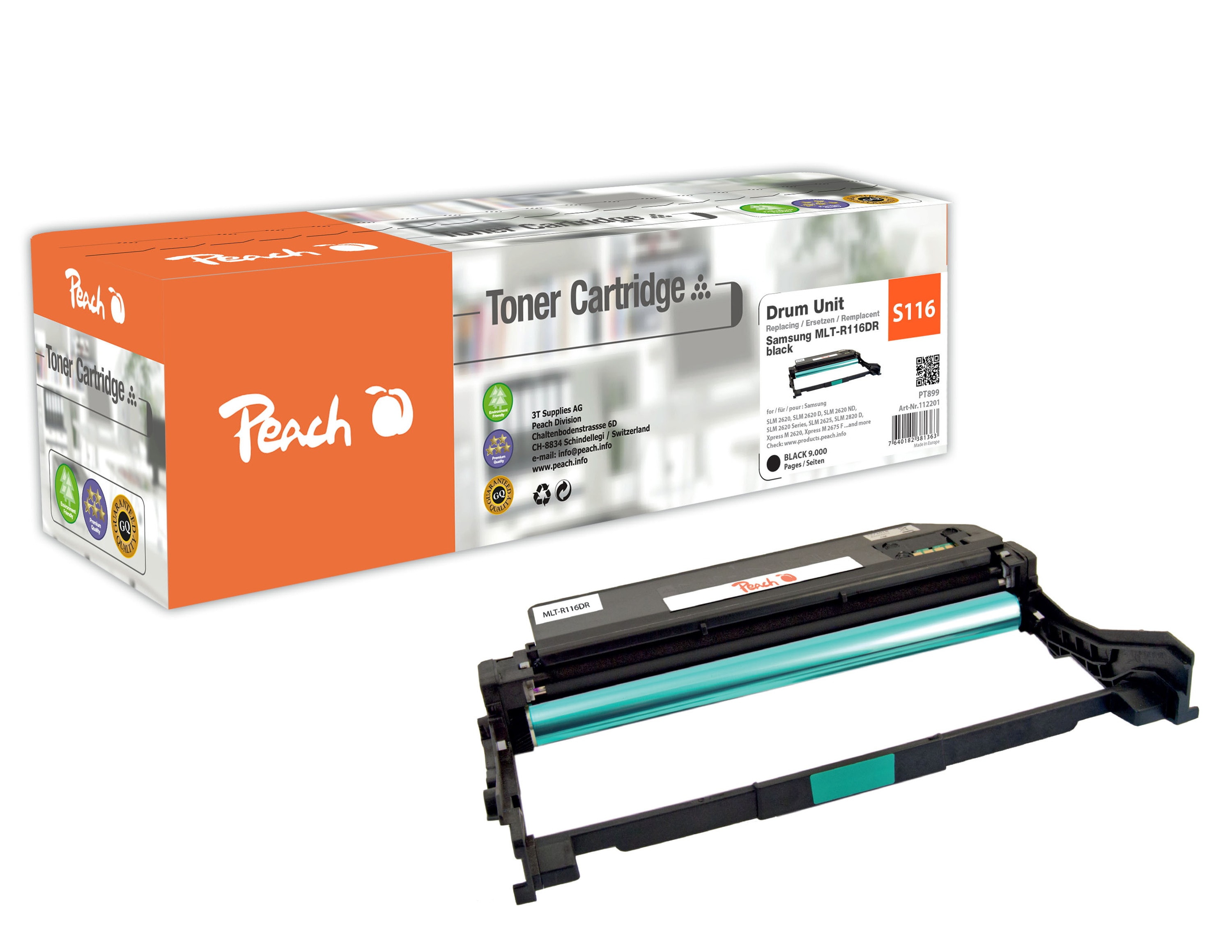 Peach S116  Trommeleinheit bk ersetzt Samsung MLT-R116 f&uuml;r z.B. Samsung Xpress M 2835 DW, Samsung SLM 2620, Samsung SLM 2620 D, Samsung SLM 2620 ND (wiederaufbereitet) - Bild 1