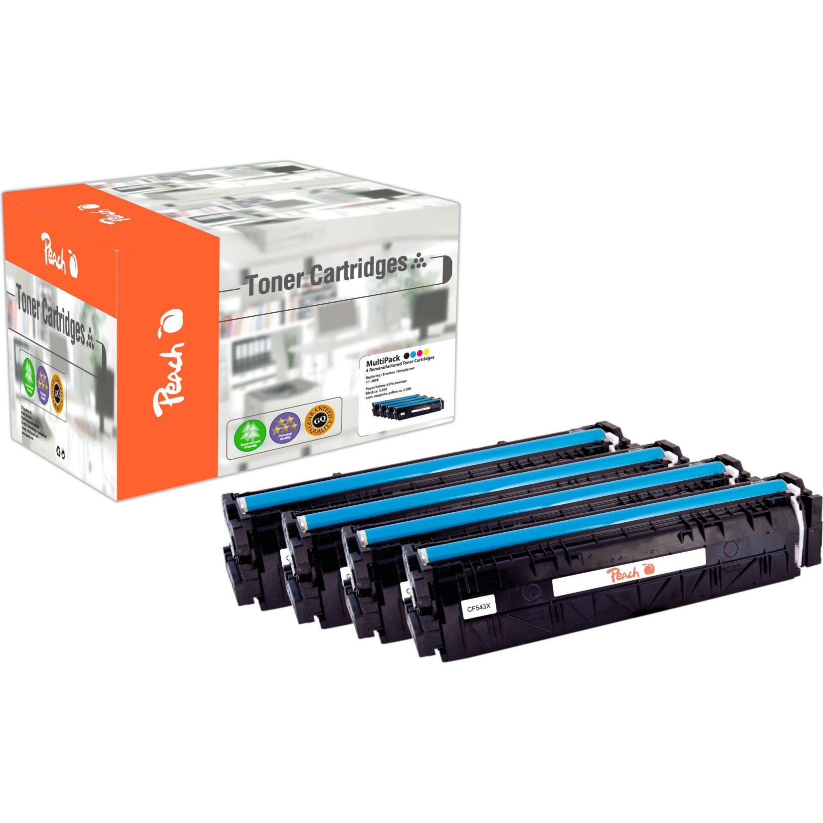 Peach HP 203 X 4 Toner XL (bk, c/m/y) ersetzt HP No. 203X, CF540X, CF541X, CF542X, CF543X f&uuml;r z.B. HP Color LaserJet Pro MFP M 281 fdw (wiederaufbereitet) - Bild 1
