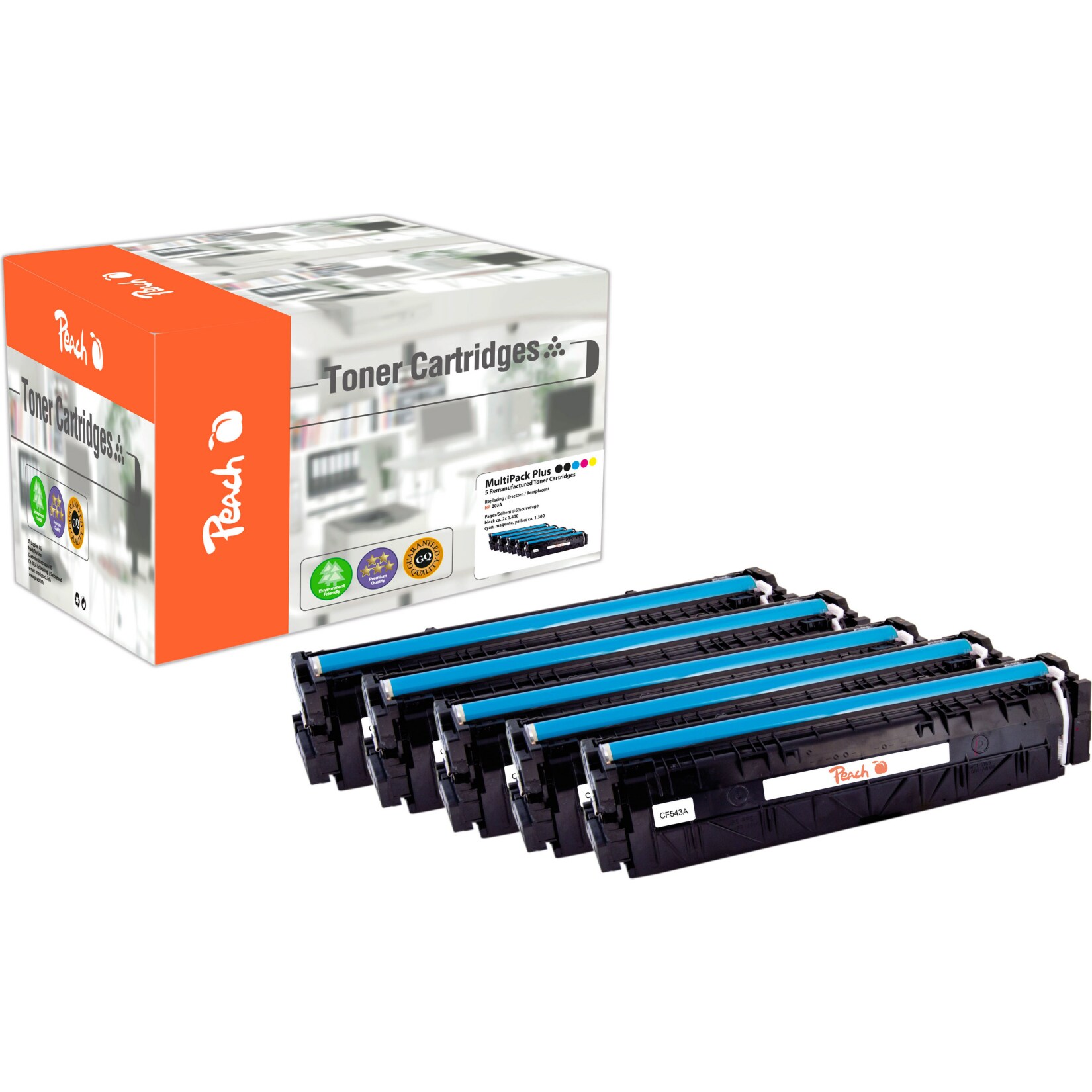 Peach HP 203 A 5 Toner (2*bk, c/m/y) ersetzt HP No. 203A, CF540A*2, CF541A, CF542A, CF543A für z.B. HP Color LaserJet Pro MFP M 281 fdw (wiederaufbereitet)