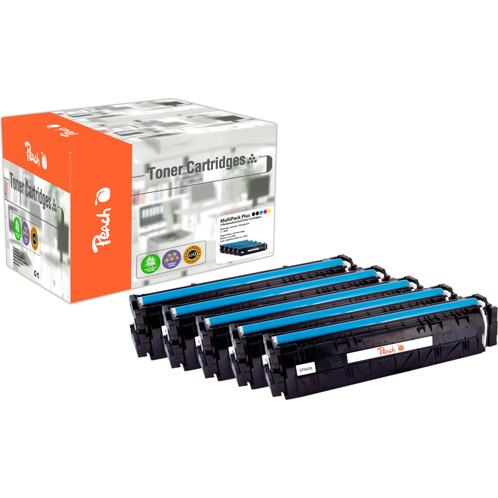 Peach HP 203 X 5 Toner XL (2*bk, c/m/y) ersetzt HP No. 203X, CF540X*2, CF541X, CF542X, CF543X für z.B. HP Color LaserJet Pro MFP M 281 fdw (wiederaufbereitet)