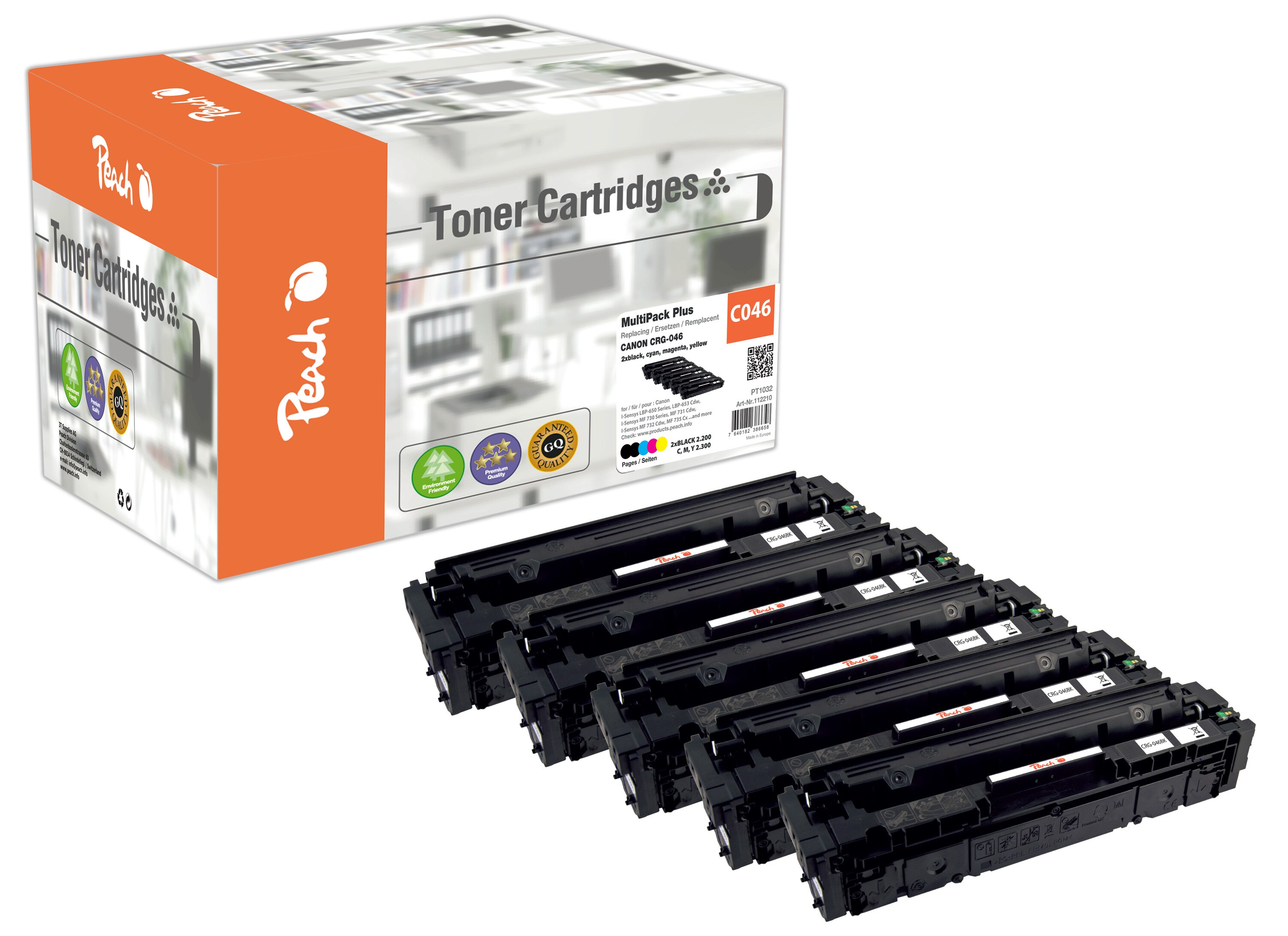 Peach HP 046  5 Toner (2*bk, c/m/y) ersetzt Canon CRG-046, 1250C002*2, 1249C002, 1248C002, 1247C002 f&uuml;r z.B. Canon ISensys MF 732 Cdw (wiederaufbereitet) - Bild 1