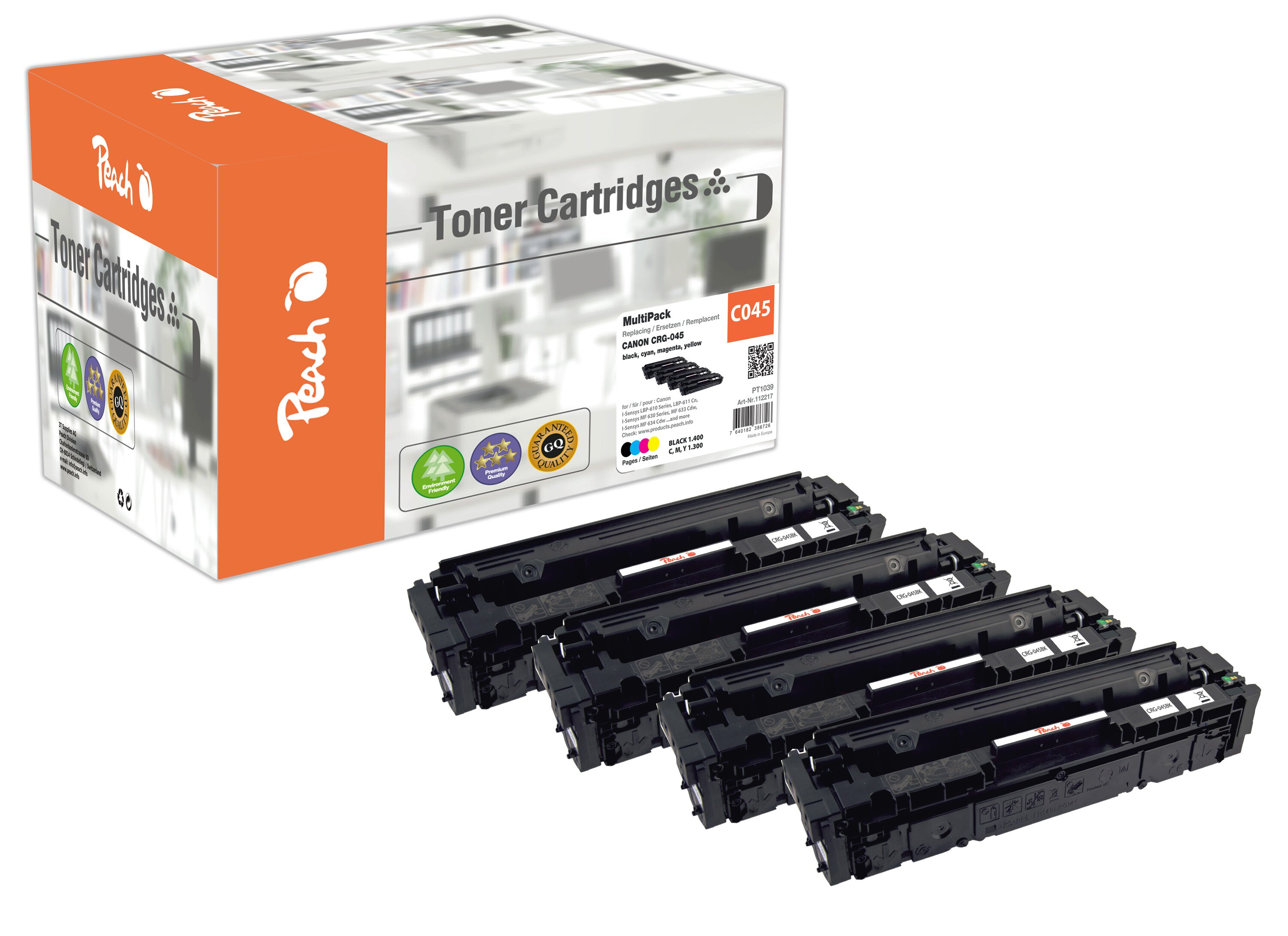Peach HP 045  4 Toner (bk, c/m/y) ersetzt Canon CRG-045, 1242C002, 1241C002, 1240C002, 1239C002 f&uuml;r z.B. Canon ISensys LBP -610 (wiederaufbereitet) - Bild 1