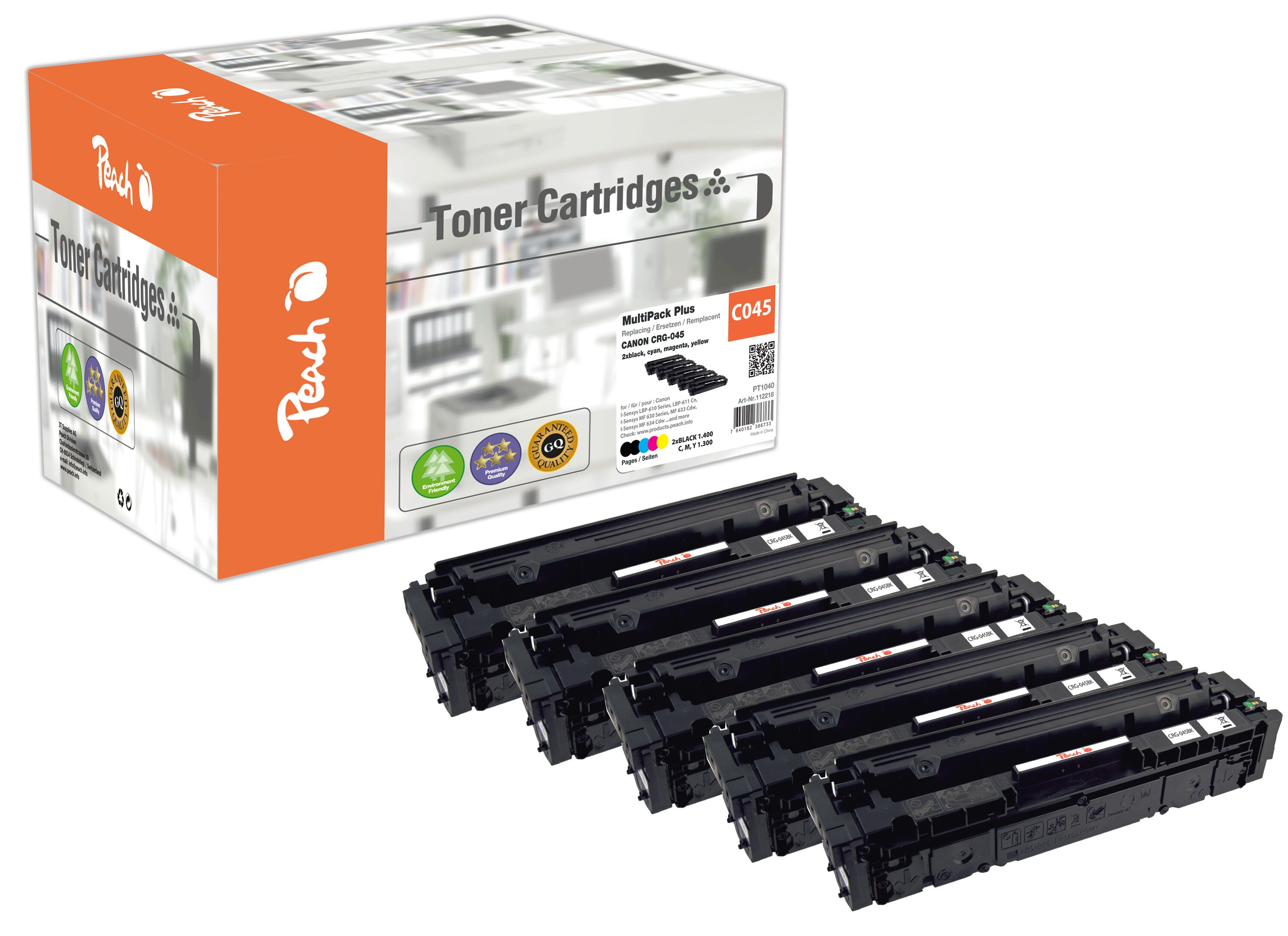 Peach HP 045  5 Toner (2*bk, c/m/y) ersetzt Canon CRG-045, 1242C002*2, 1241C002, 1240C002, 1239C002 f&uuml;r z.B. Canon ISensys LBP -610 (wiederaufbereitet) - Bild 1