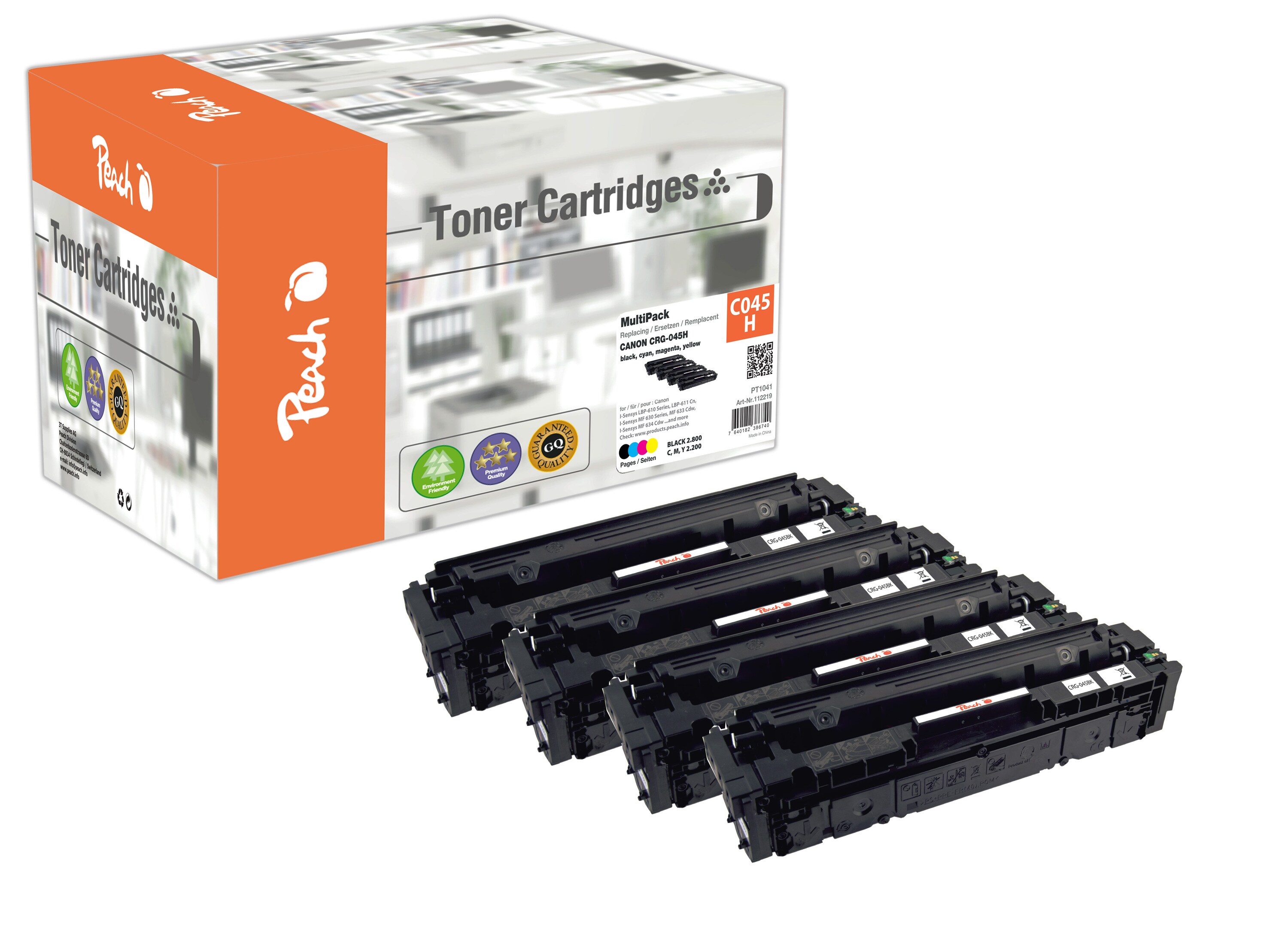 Peach HP 045 H 4 Toner XL (bk, c/m/y) ersetzt Canon CRG-045H, 1246C002, 1245C002, 1244C002, 1243C002 f&uuml;r z.B. Canon ISensys LBP -610 (wiederaufbereitet) - Bild 1
