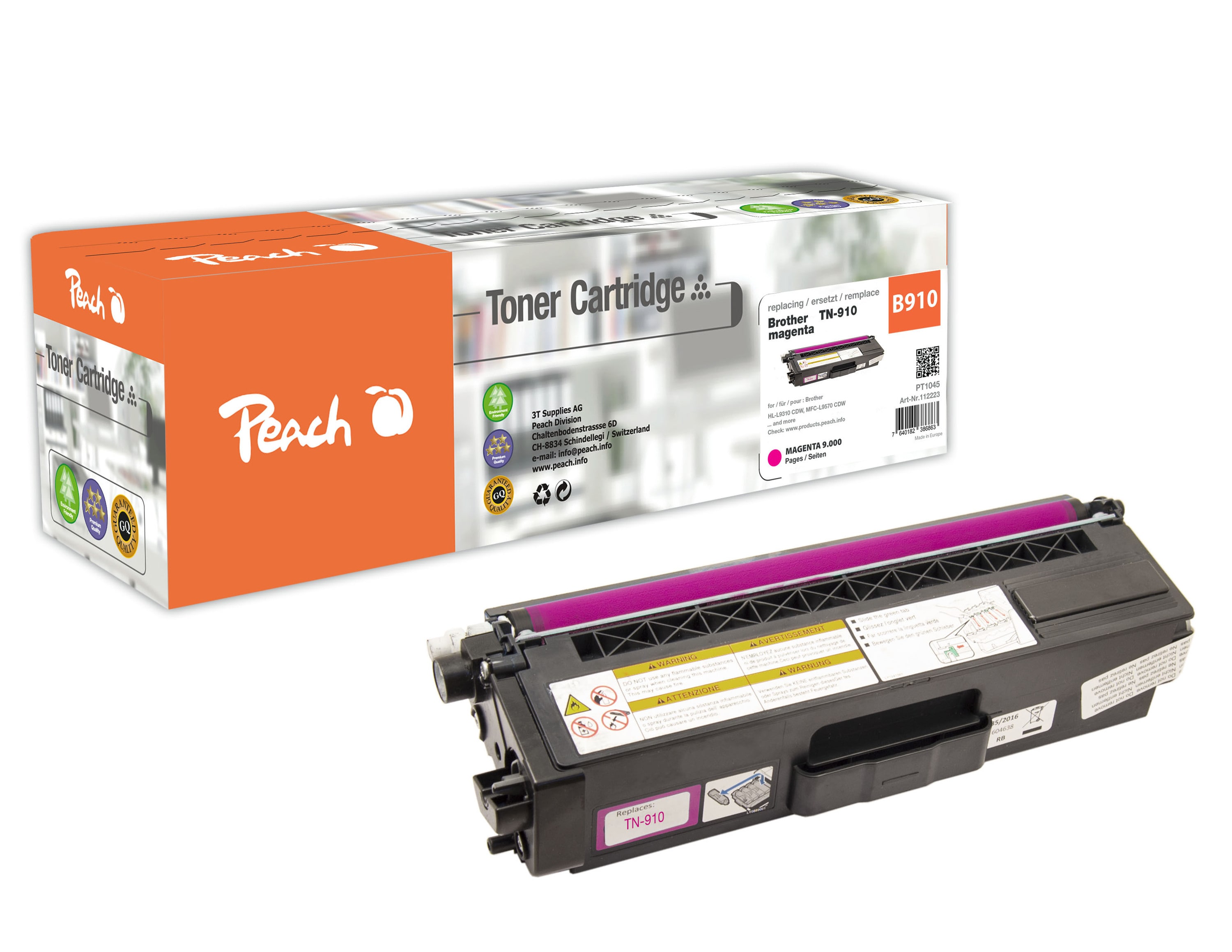 Peach B910 M Toner ma ersetzt Brother TN-910M f&uuml;r z.B. Brother MFCL 9570 CDW, Brother HLL 9310 CDW, Brother HLL 9310 CDWT, Brother HLL 9310 CDWTT (wiederaufbereitet) - Bild 1
