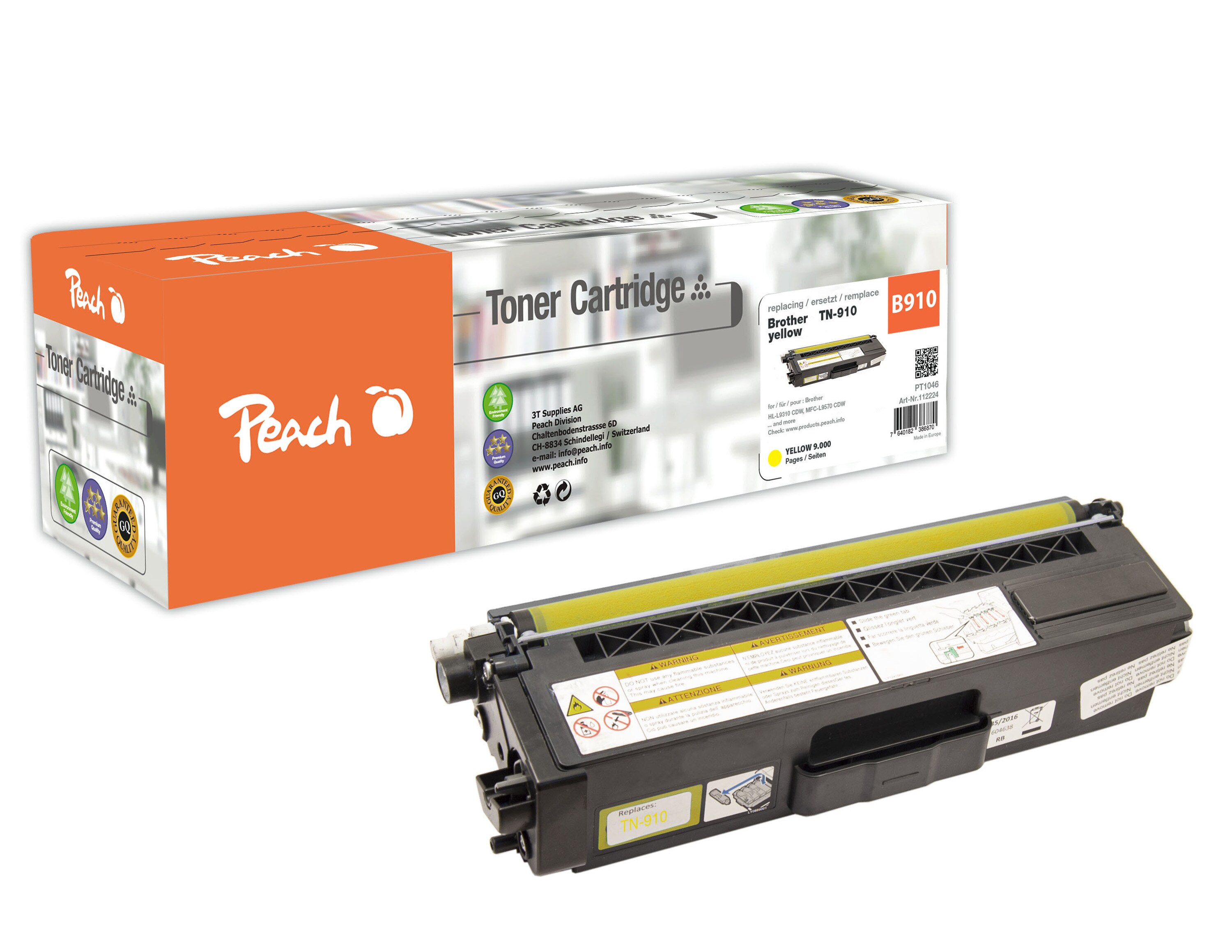 Peach B910 Y Toner ye ersetzt Brother TN-910Y f&uuml;r z.B. Brother MFCL 9570 CDW, Brother HLL 9310 CDW, Brother HLL 9310 CDWT, Brother HLL 9310 CDWTT (wiederaufbereitet) - Bild 1