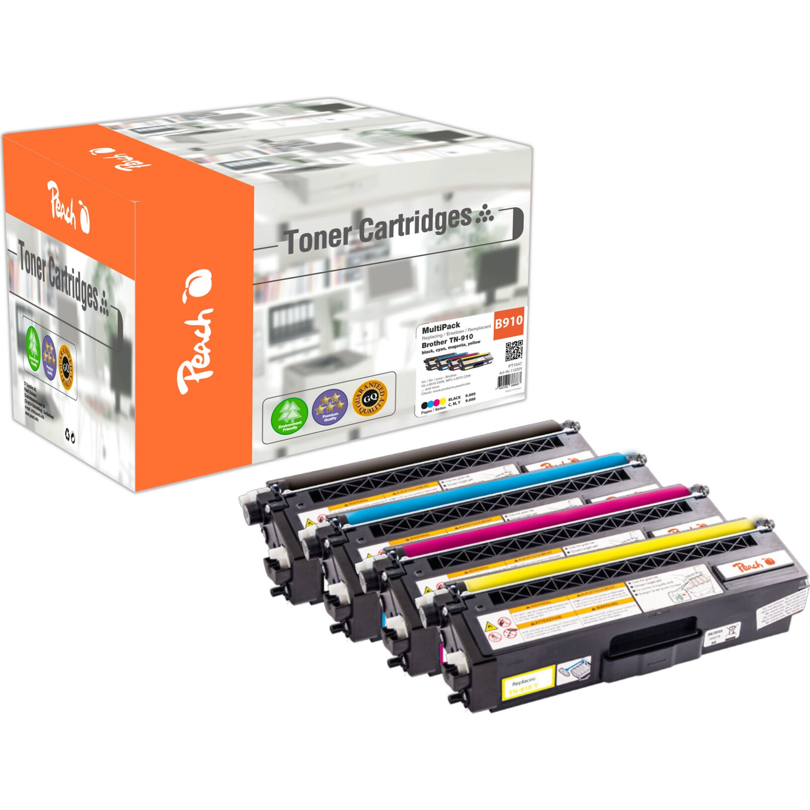 Peach B910 4 Toner (bk, c/m/y) ersetzt Brother TN-910 für z.B. Brother HLL 9310 CDW, Brother HLL 9310 CDWT, Brother HLL 9310 CDWTT (wiederaufbereitet)