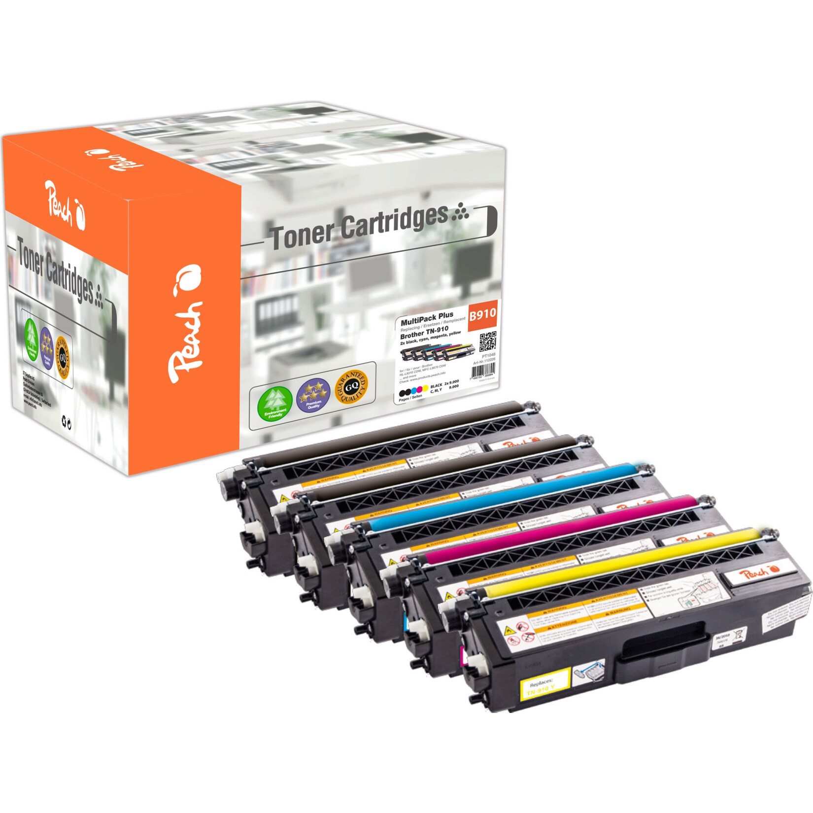 Peach B910  5 Toner (2*bk, c/m/y) ersetzt Brother TN-910 f&uuml;r z.B. Brother MFCL 9570 CDW, Brother HLL 9310 CDW, Brother HLL 9310 CDWT (wiederaufbereitet) - Bild 1