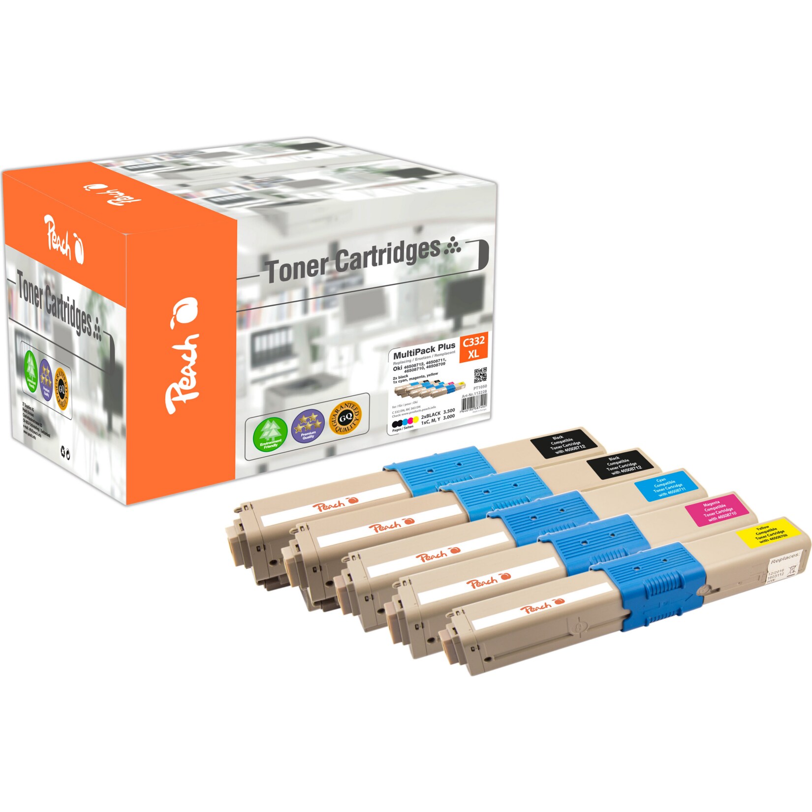 Peach O4650-87 5 Toner XL (2*bk, c/m/y) ersetzt OKI 46508712*2, 46508711, 46508710, 46508709 für z.B. OKI C 332 DN, OKI MC 363 DN, OKI MC 363 N (wiederaufbereitet)