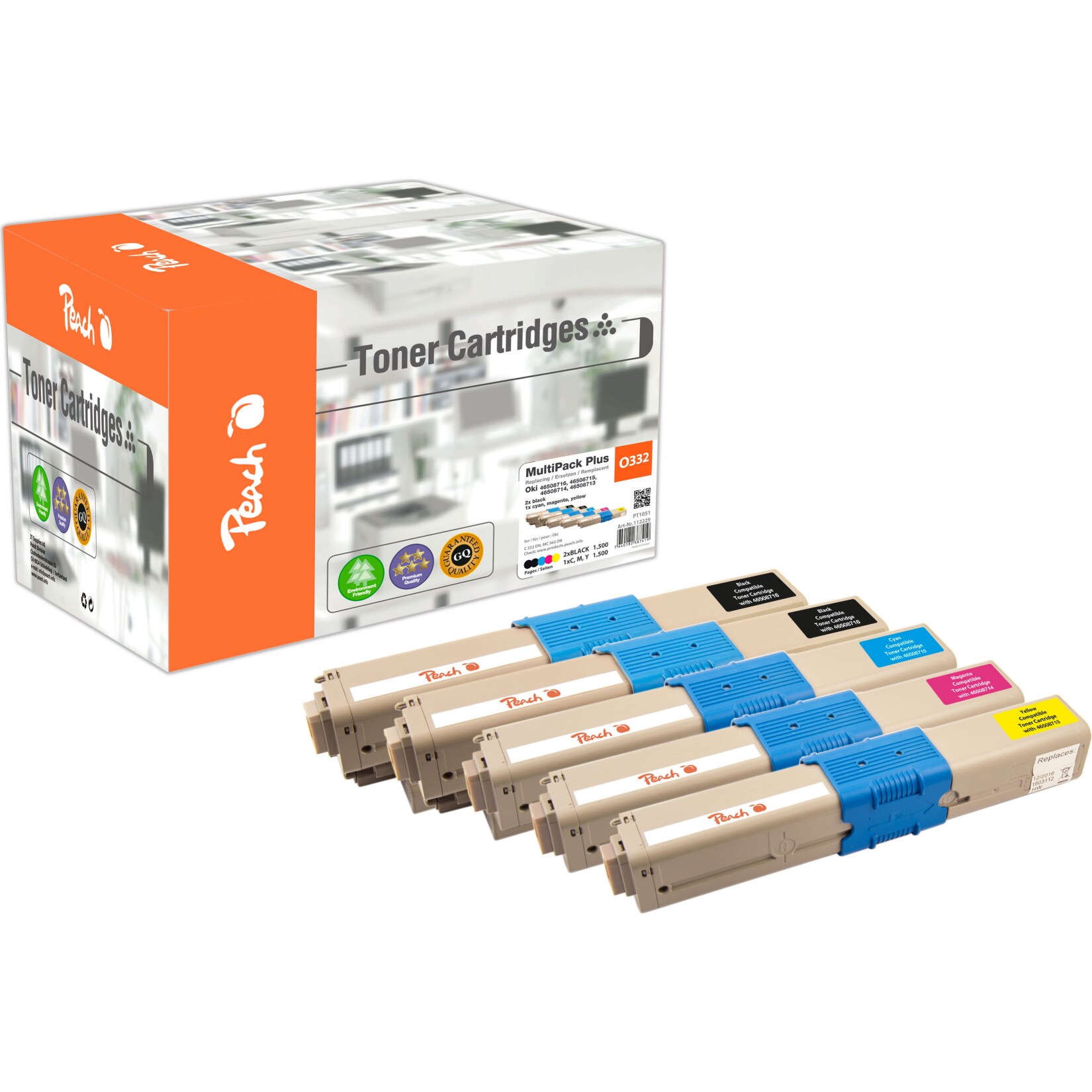 Peach O4650-87 5 Toner Druckerpatronen (2*bk, c/m/y) ersetzt OKI 46508716*2, 46508715, 46508714, 46508713 f&uuml;r z.B. OKI C 332 DN, OKI C 332 DNw (wiederaufbereitet) - Bild 1