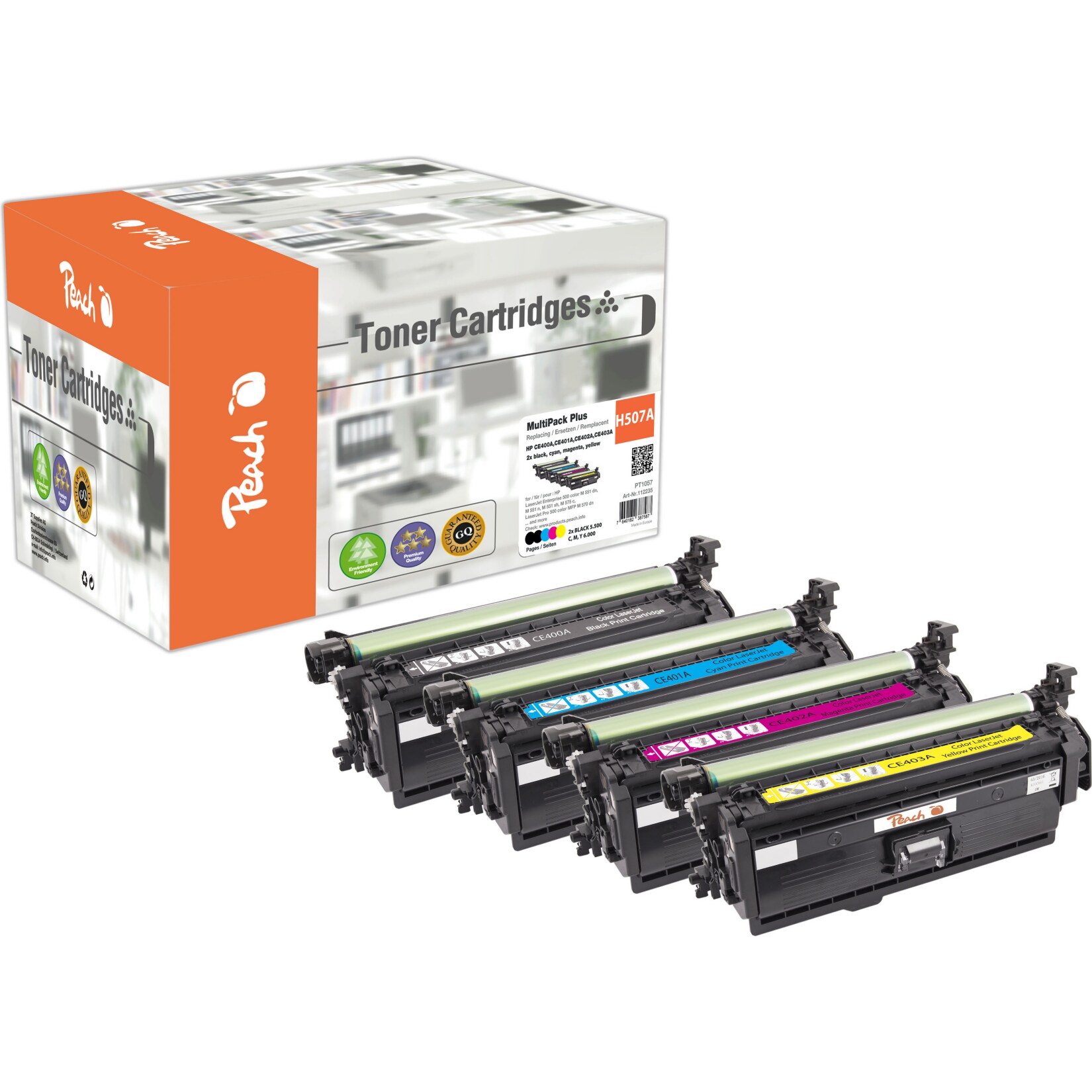 Peach HP 507 A 5 Toner (2*bk, c/m/y) ersetzt HP No. 507A, CE400A*2, CE401A, CE402A, CE403A f&uuml;r z.B. HP LaserJet Enterprise 500 color M 551 dn (wiederaufbereitet) - Bild 1