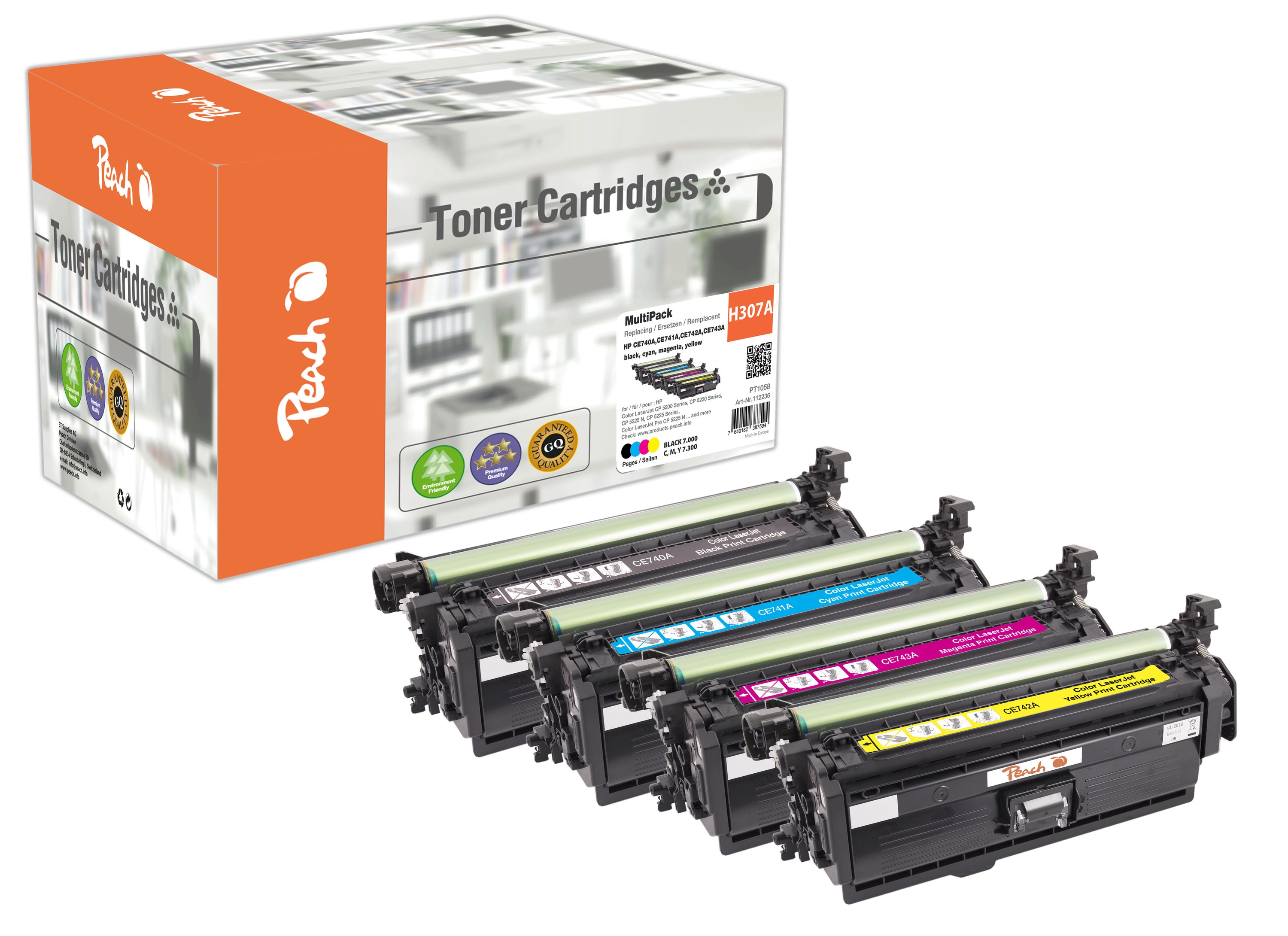 Peach HP 307 A 4 Toner (bk, c/m/y) ersetzt HP No. 307A, CE740A, CE741A, CE742A, CE743A f&uuml;r z.B. HP Color LaserJet CP 5200 (wiederaufbereitet) - Bild 1