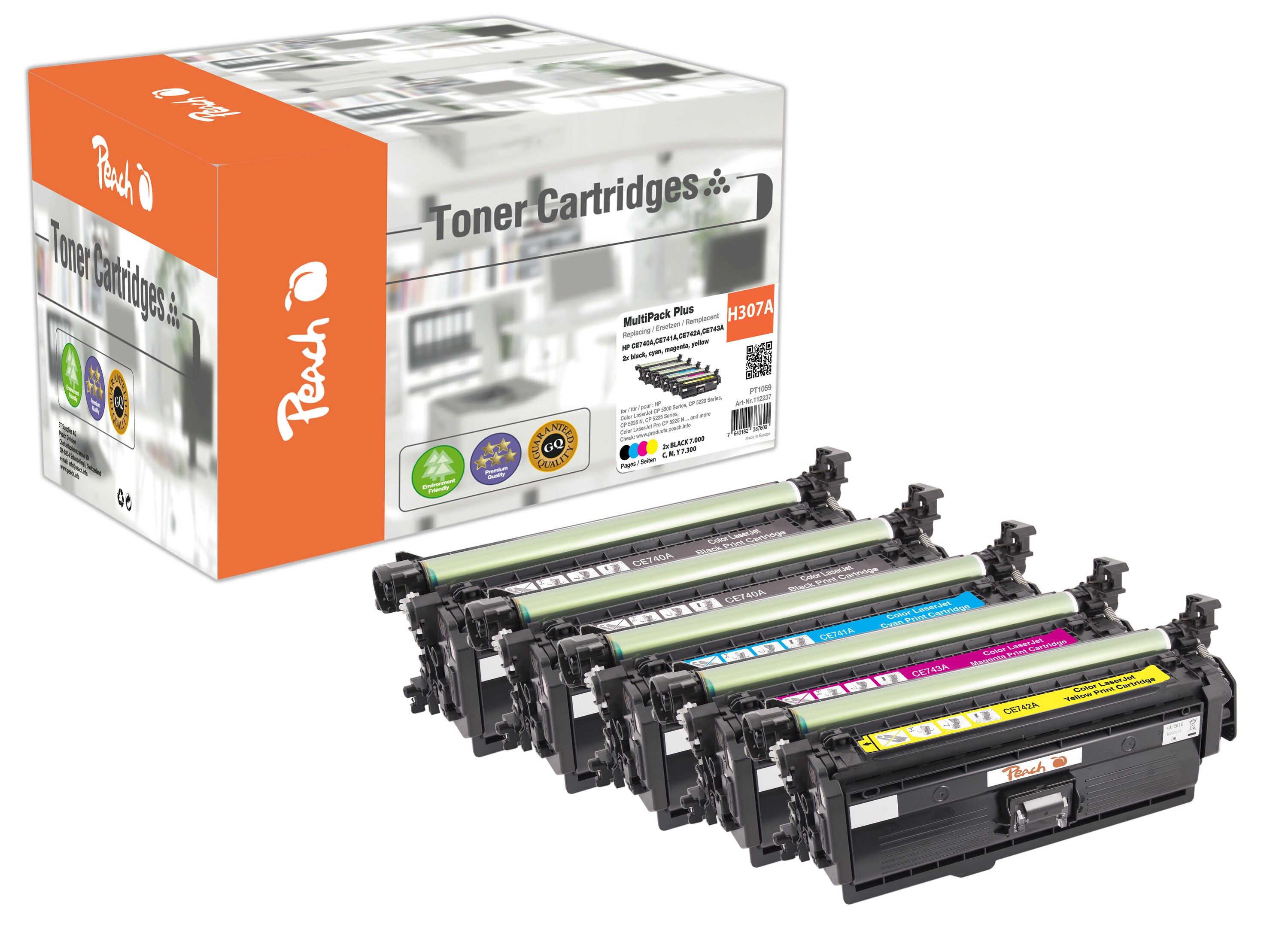 Peach HP 307 A 5 Toner (2*bk, c/m/y) ersetzt HP No. 307A, CE740A*2, CE741A, CE742A, CE743A f&uuml;r z.B. HP Color LaserJet CP 5200 (wiederaufbereitet) - Bild 1