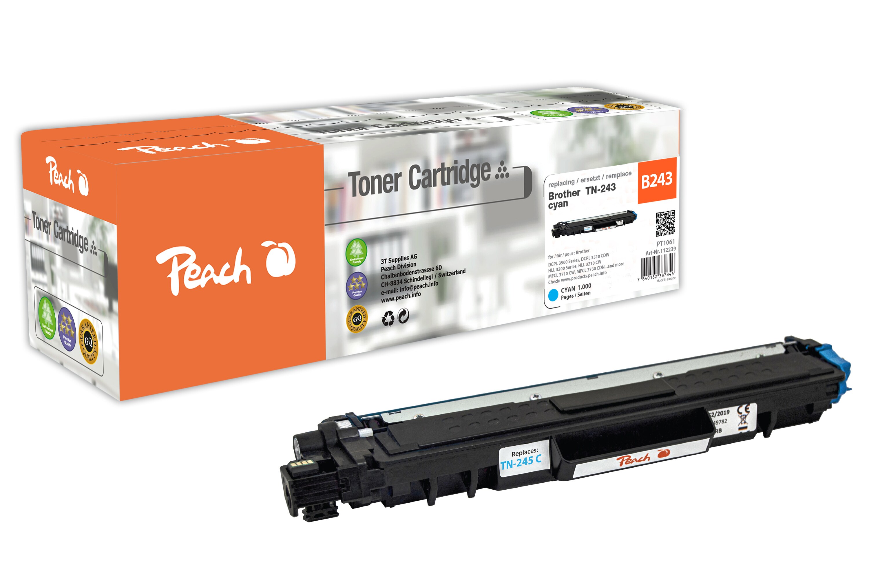 Peach B243 C Toner cy ersetzt Brother TN-243C f&uuml;r z.B. Brother MFCL 3750 CDW, Brother DCPL 3550 CDW, Brother HLL 3210 CW, Brother HLL 3270 CDW (wiederaufbereitet) - Bild 1