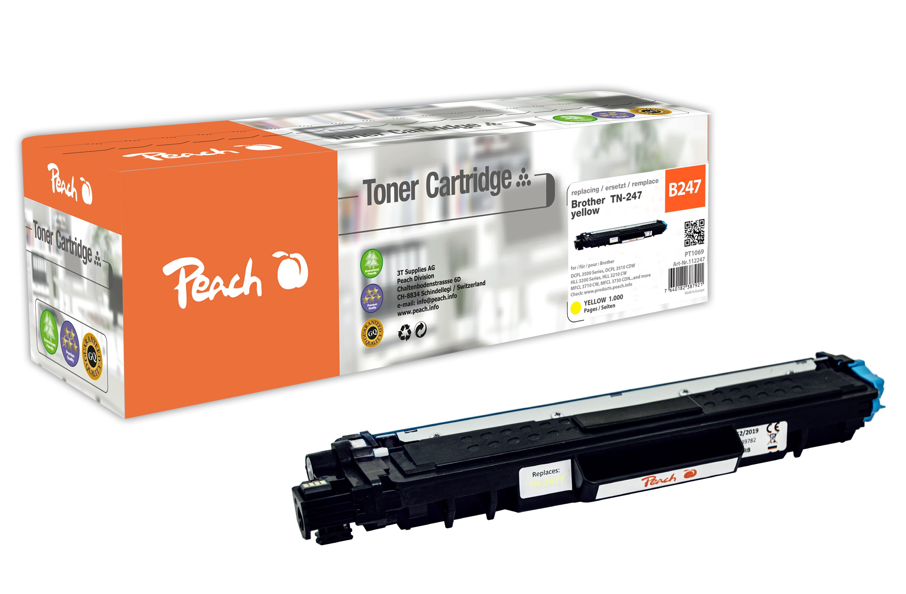 Peach B247 Y Toner XL ye ersetzt Brother TN-247Y f&uuml;r z.B. Brother MFCL 3750 CDW, Brother DCPL 3550 CDW, Brother HLL 3210 CW, Brother HLL 3270 CDW (wiederaufbereitet) - Bild 1