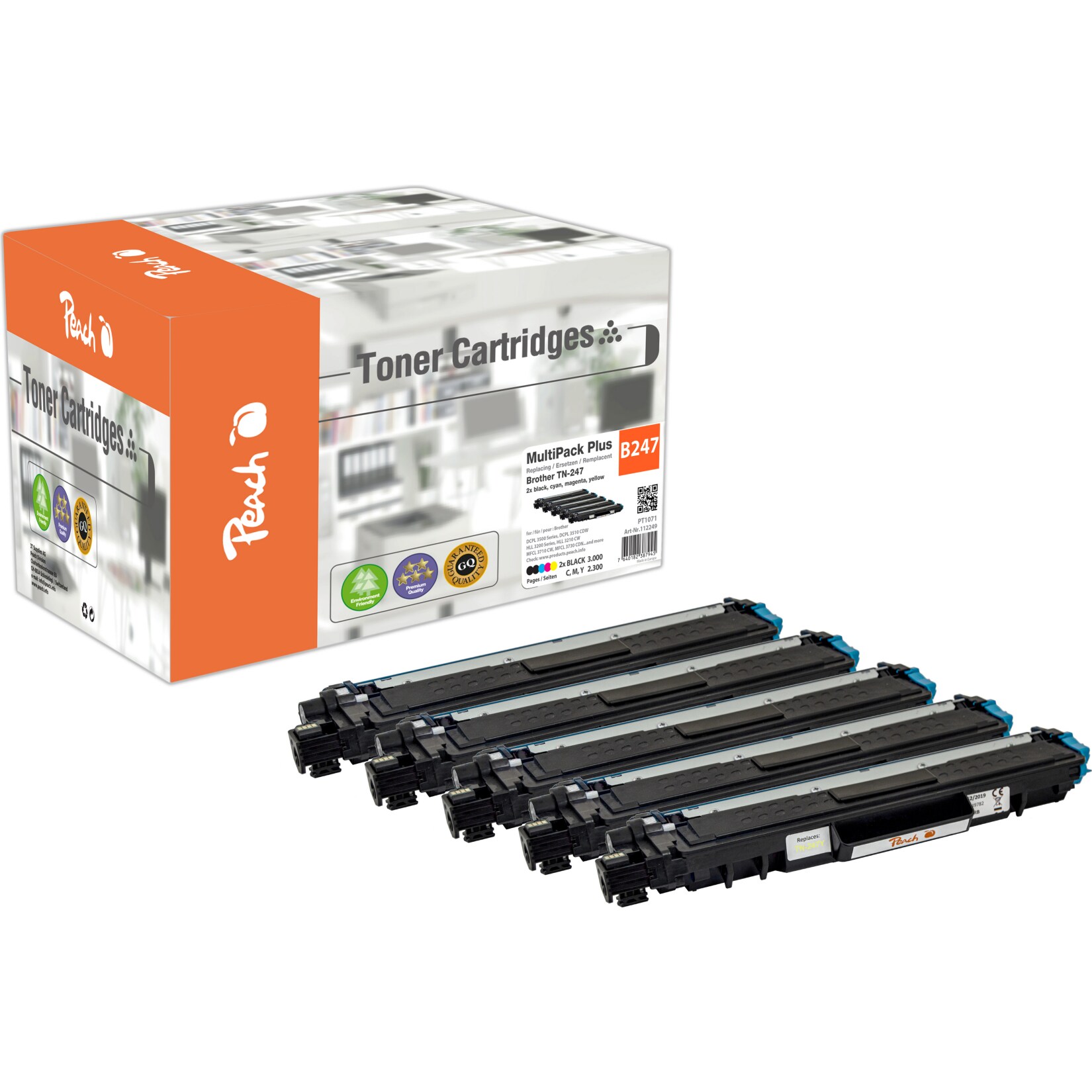 Peach B247 5 Toner XL (2*bk, c/m/y) ersetzt Brother TN-247 für z.B. Brother HLL 3230 CDW, Brother DCPL 3550 CDW, Brother DCPL 3510 CDW (wiederaufbereitet)