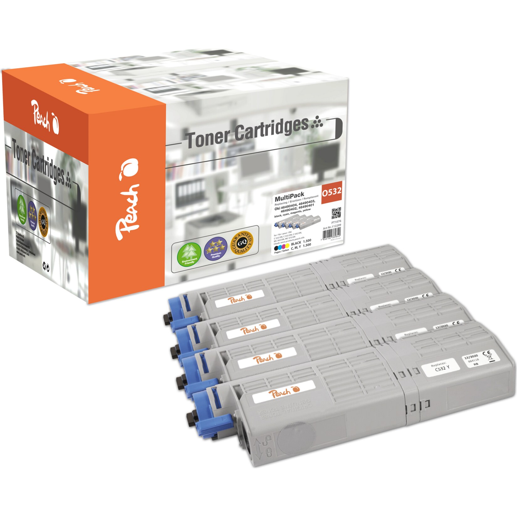 Peach O4648/49 4 Toner (bk, c/m/y) ersetzt OKI 46490404, 46490403, 46490402, 46490401 f&uuml;r z.B. OKI C 532 DN, OKI C 542 DN, OKI MC 563 DN (wiederaufbereitet) - Bild 1