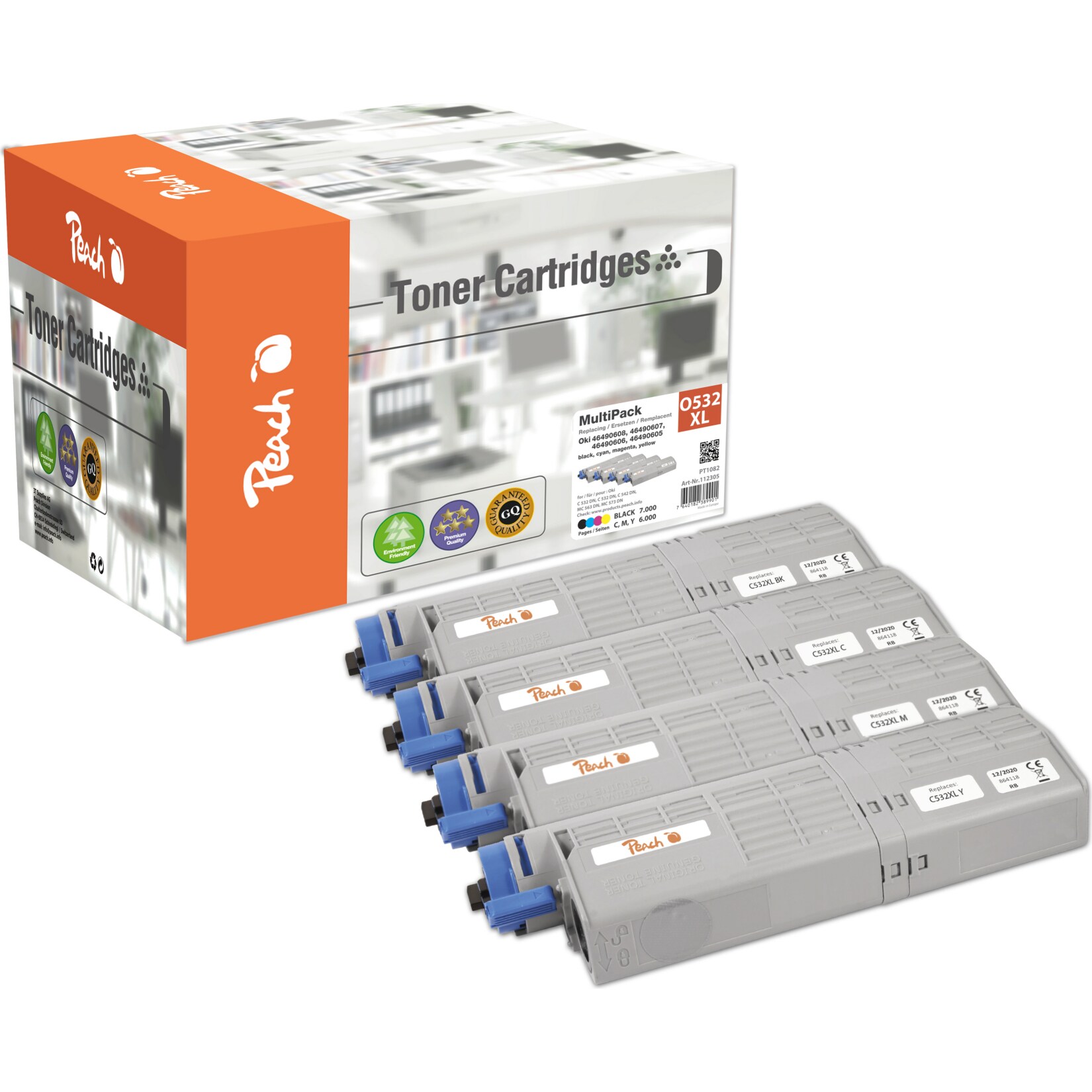 Peach O4648/49 4 Toner XL (bk, c/m/y) ersetzt OKI 46490608, 46490607, 46490606, 46490605 f&uuml;r z.B. OKI C 532 DN, OKI C 542 DN, OKI MC 563 DN (wiederaufbereitet) - Bild 1