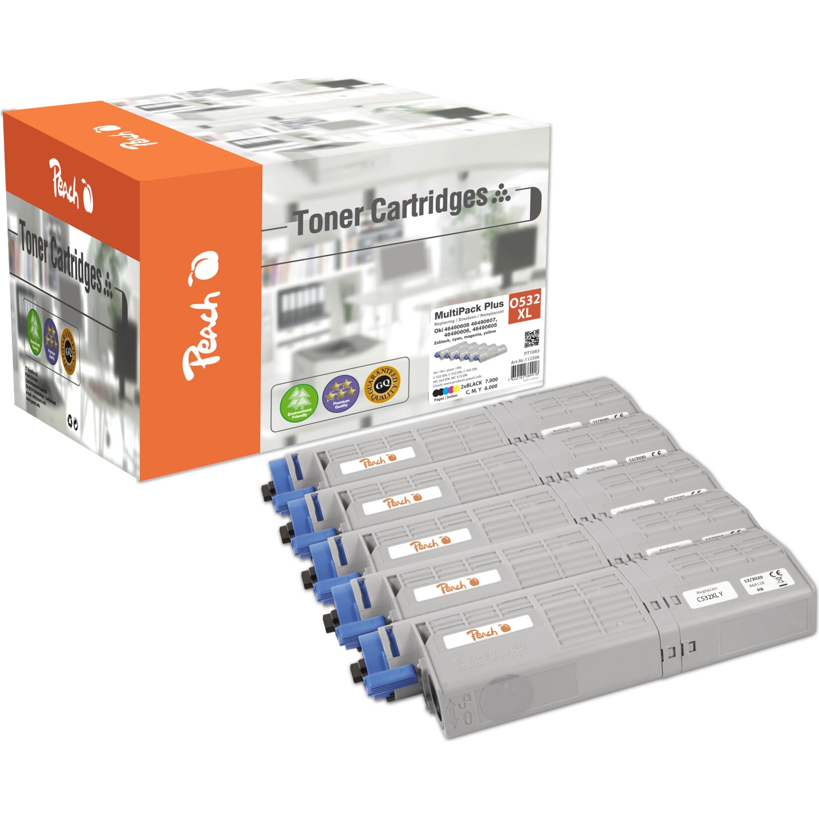 Peach O4648/49 5 Toner XL (2*bk, c/m/y) ersetzt OKI 46490608, 46490607, 46490606, 46490605 für z.B. OKI C 532 DN, OKI C 542 DN, OKI MC 563 DN (wiederaufbereitet)