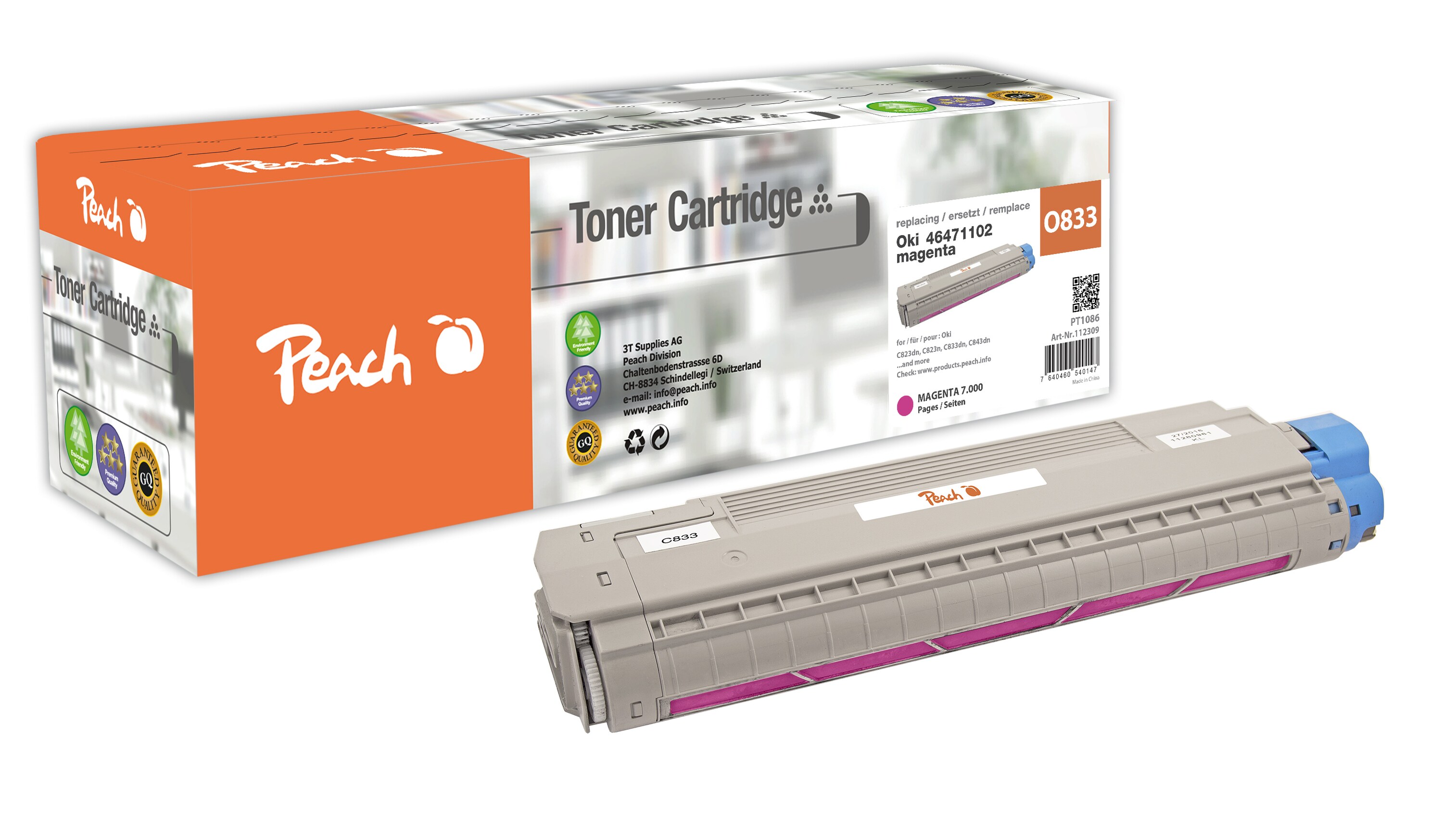 Peach O464711/464338 Toner ma ersetzt OKI 46471102 f&uuml;r z.B. OKI C 823 DN, OKI C 823 N, OKI C 823, OKI C 833 DN, OKI C 833 DT, OKI C 833 N (wiederaufbereitet) - Bild 1