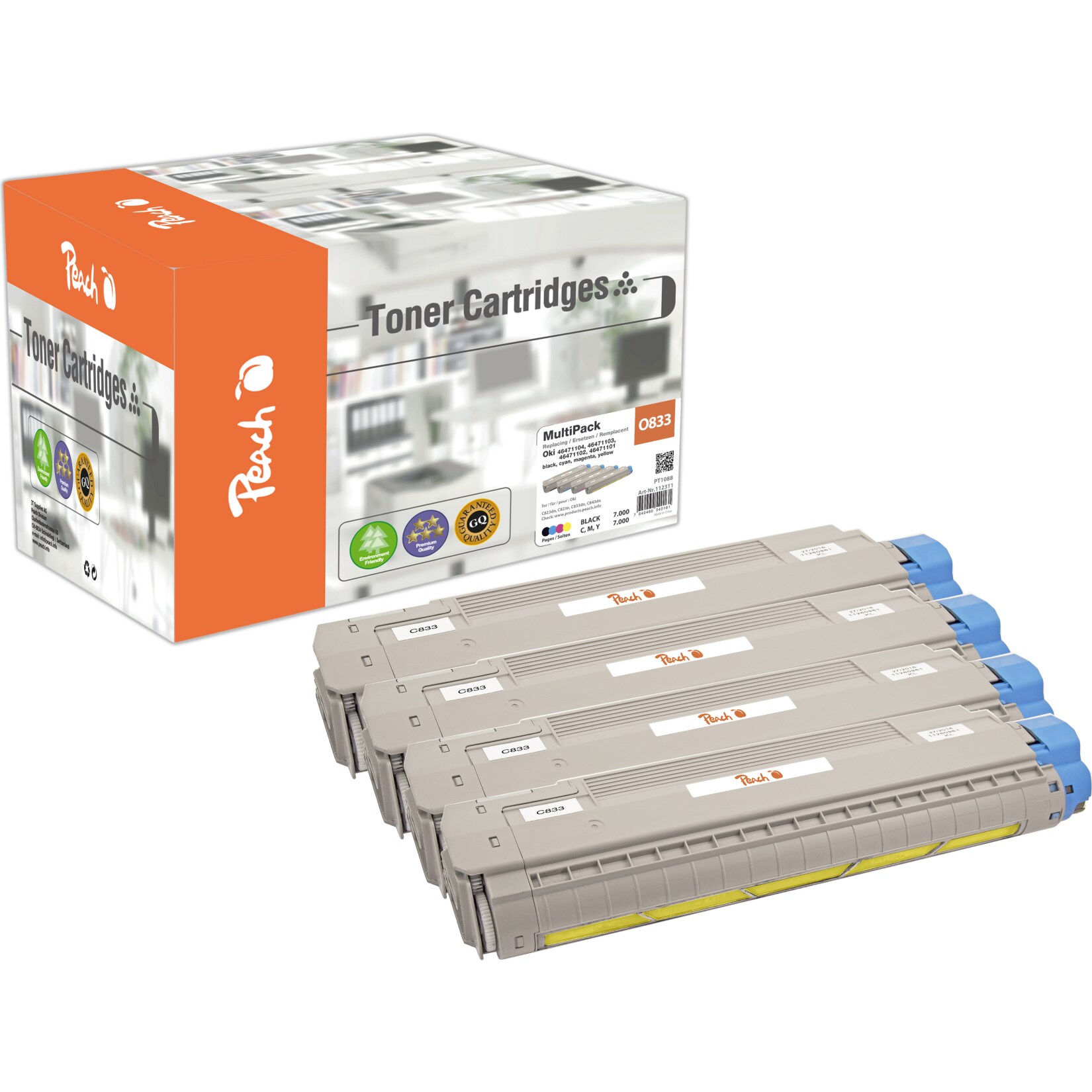 Peach O464711/464338 4 Toner (bk, c/m/y) ersetzt OKI 46471104, 46471103, 46471102, 46471101 f&uuml;r z.B. OKI C 823 DN, OKI C 823 N, OKI C 823 (wiederaufbereitet) - Bild 1