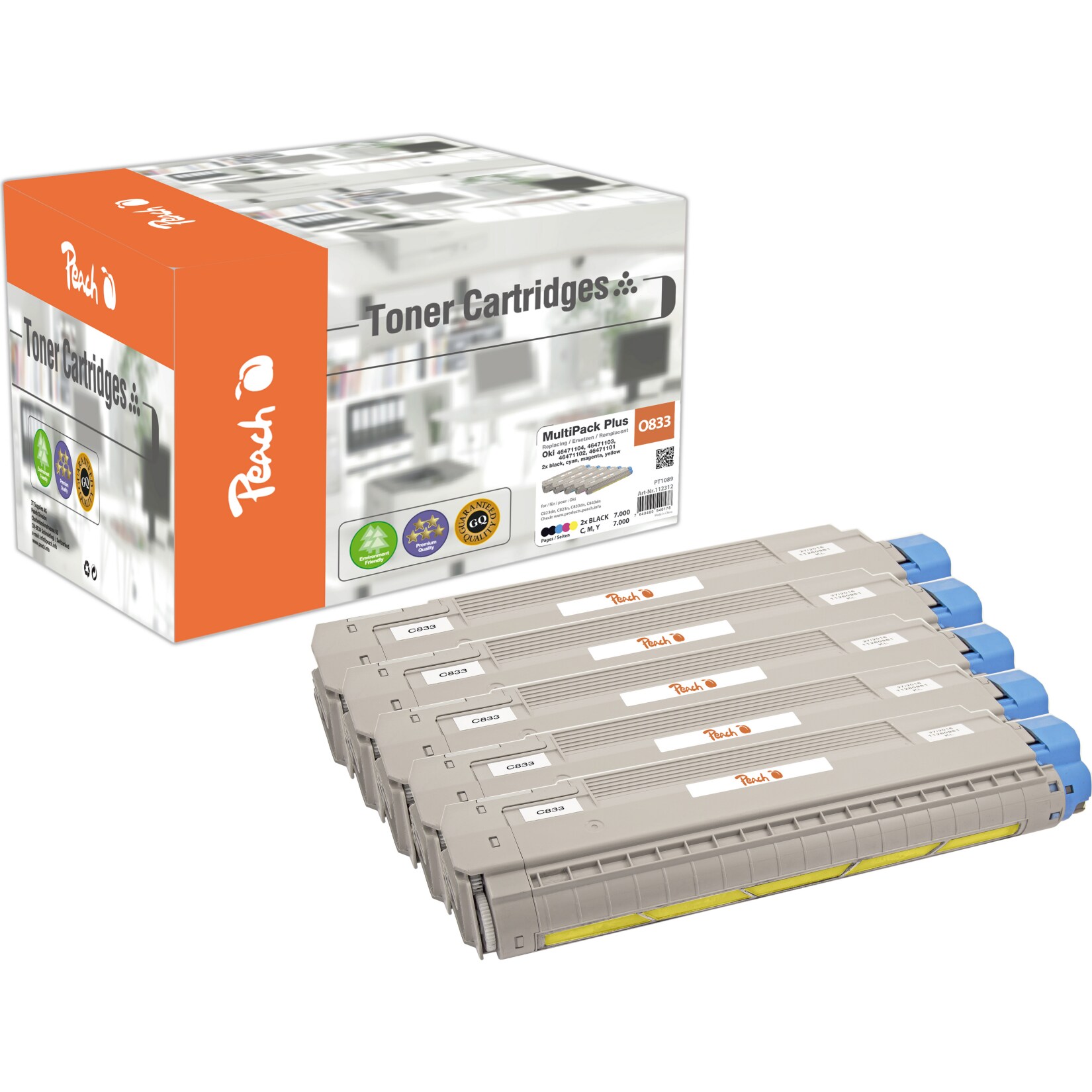 Peach O464711/464338 5 Toner (bk*2, c/m/y) ersetzt OKI 46471104*2, 46471103, 46471102, 46471101 f&uuml;r z.B. OKI C 823 DN, OKI C 823 N, OKI C 823 (wiederaufbereitet) - Bild 1