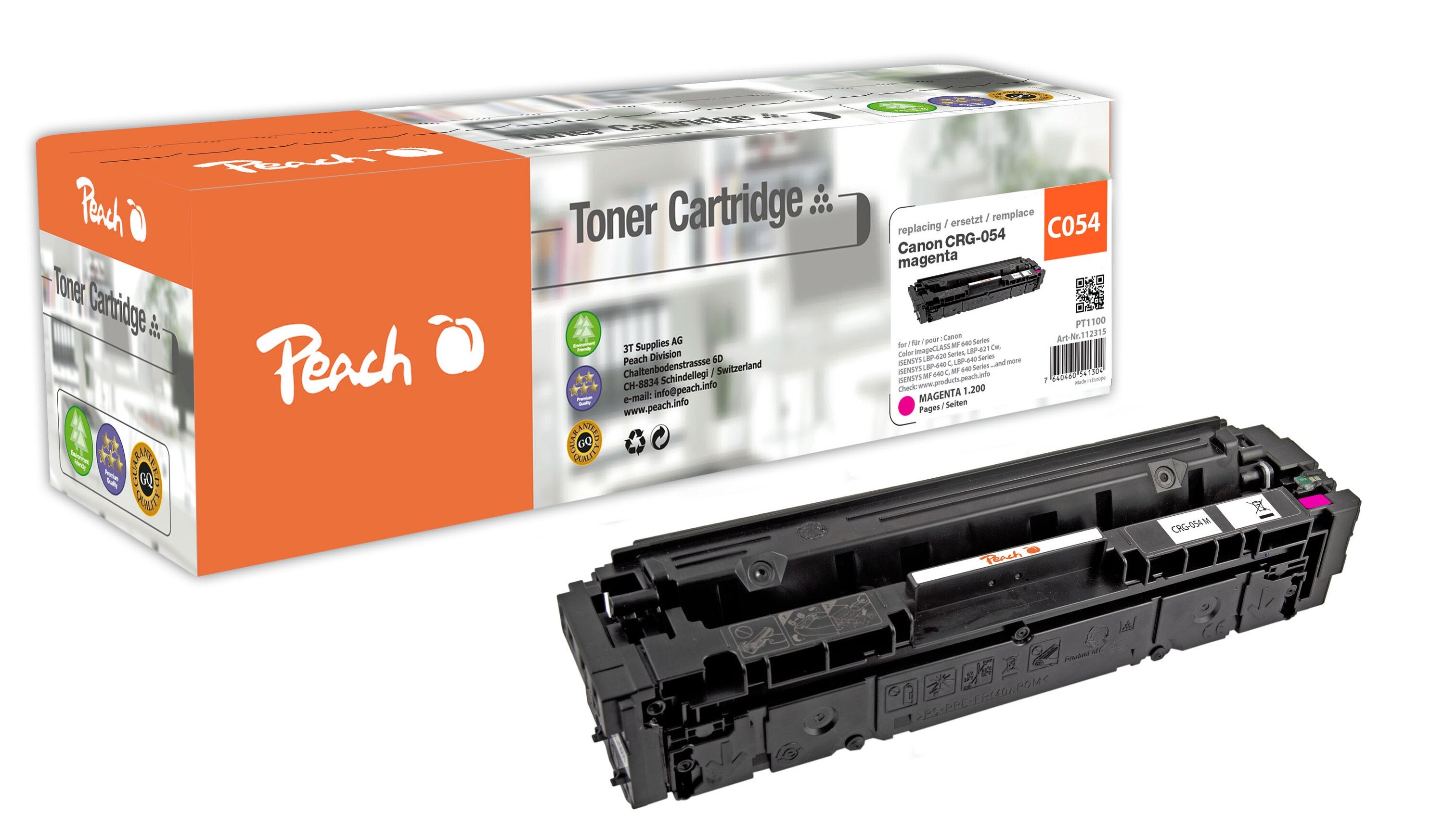 Peach HP 054 m Toner ma ersetzt Canon CRG-054 m, 3022C002 f&uuml;r z.B. Canon iSENSYS LBP -620, Canon iSENSYS LBP -621 Cw, Canon iSENSYS LBP -623 Cdw (wiederaufbereitet) - Bild 1