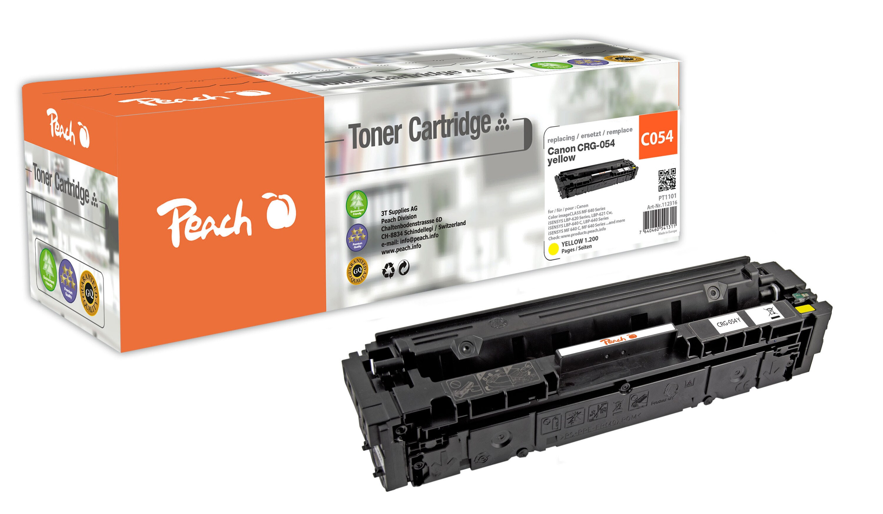 Peach HP 054 y Toner ye ersetzt Canon CRG-054 y, 3021C002 f&uuml;r z.B. Canon iSENSYS LBP -620, Canon iSENSYS LBP -621 Cw, Canon iSENSYS LBP -623 Cdw (wiederaufbereitet) - Bild 1