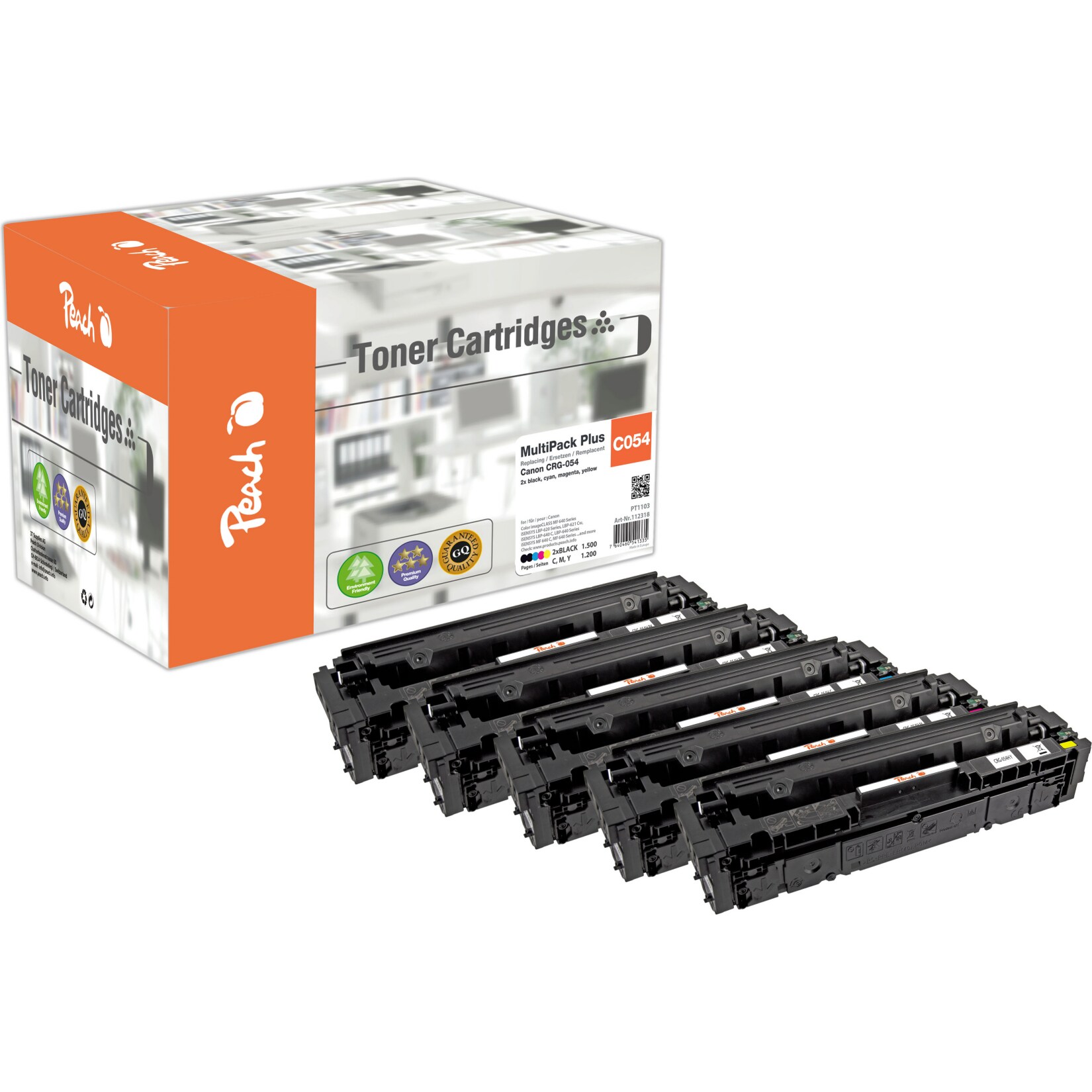 Peach HP 054  5 Toner (2*bk, c/m/y) ersetzt Canon CRG-054, 3024C002*2, 3023C002, 3022C002, 3021C002 f&uuml;r z.B. Canon iSENSYS LBP -620 (wiederaufbereitet) - Bild 1