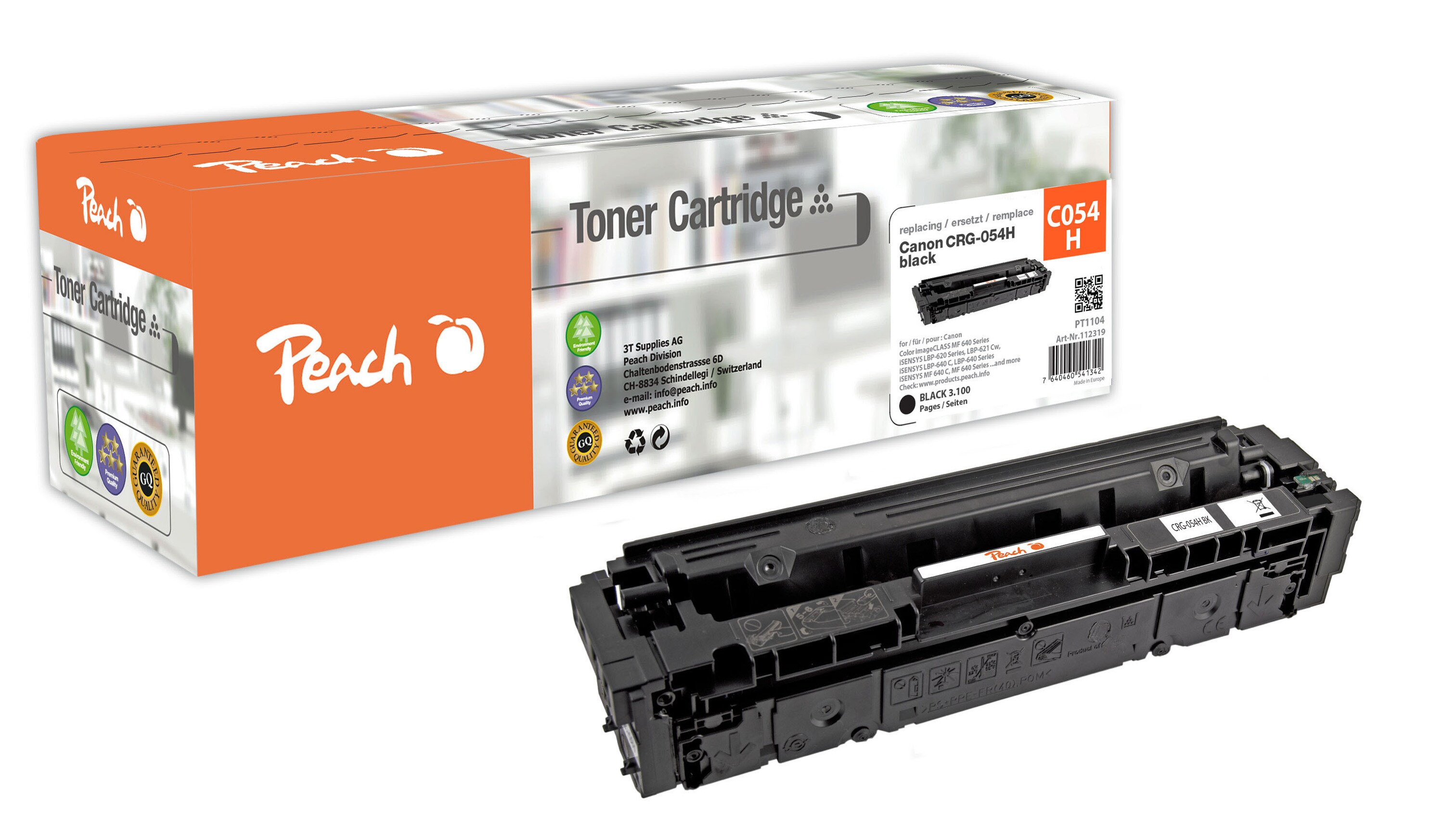 Peach HP 054 Hbk Toner XL bk ersetzt Canon CRG-054H bk, 3028C002 f&uuml;r z.B. Canon iSENSYS LBP -620, Canon iSENSYS LBP -621 Cw, Canon iSENSYS MF 640 C (wiederaufbereitet) - Bild 1