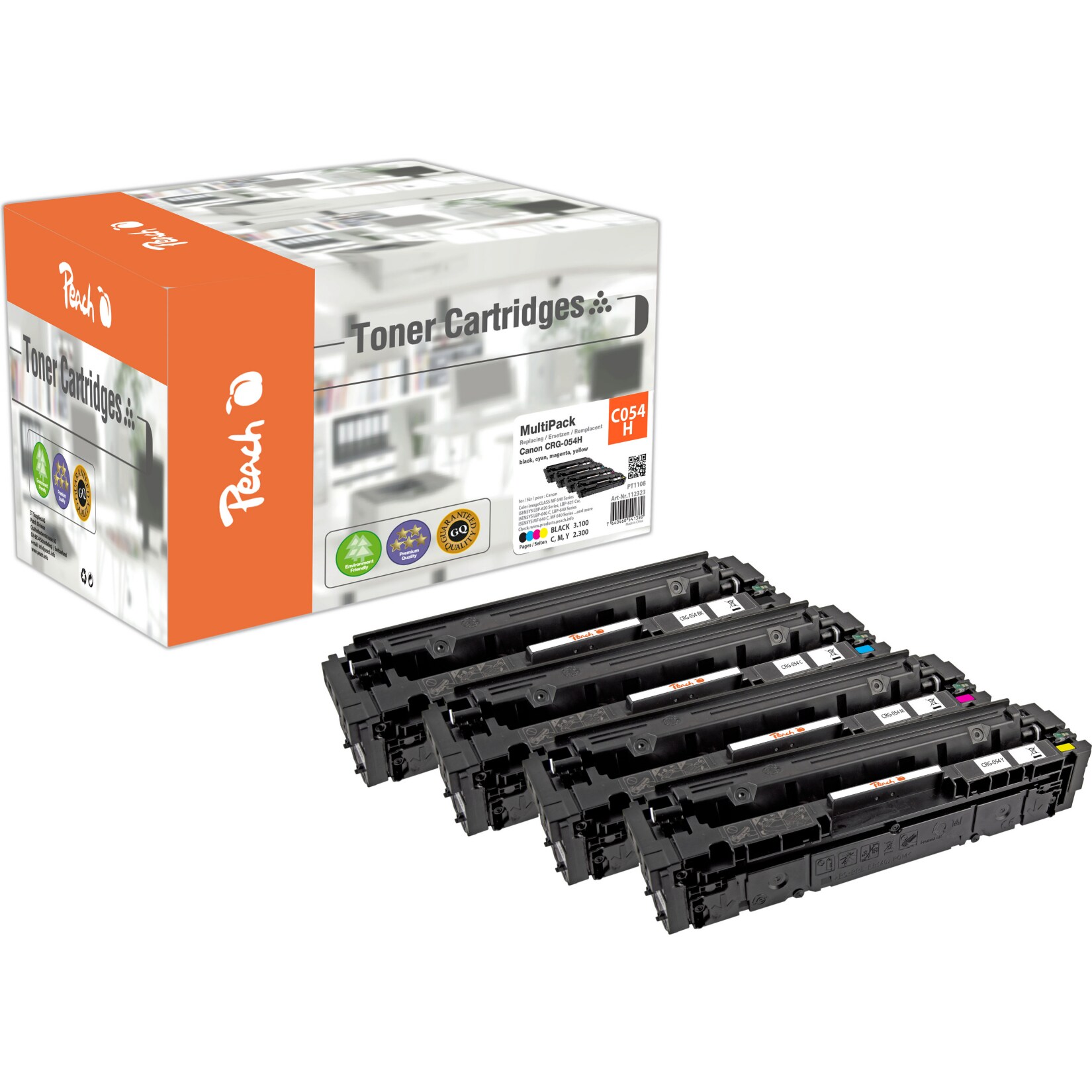 Peach HP 054 H 4 Toner XL (bk, c/m/y) ersetzt Canon CRG-054H, 3028C002, 3027C002, 3026C002, 3025C002 f&uuml;r z.B. Canon iSENSYS LBP -620 (wiederaufbereitet) - Bild 1