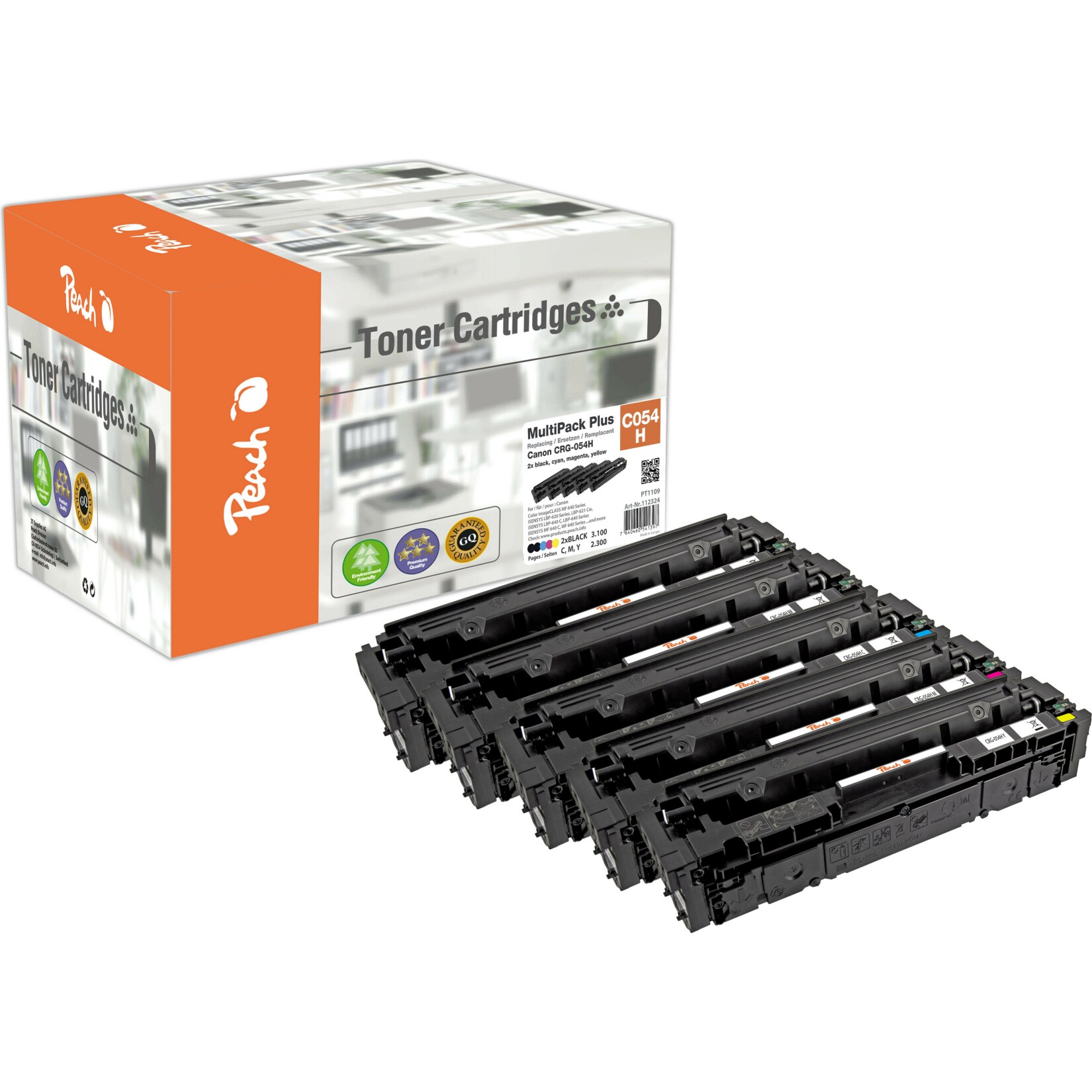 Peach HP 054 H 5 Toner XL (2*bk, c/m/y) ersetzt Canon CRG-054H, 3028C002*2, 3027C002, 3026C002, 3025C002 für z.B. Canon iSENSYS LBP -620 (wiederaufbereitet)